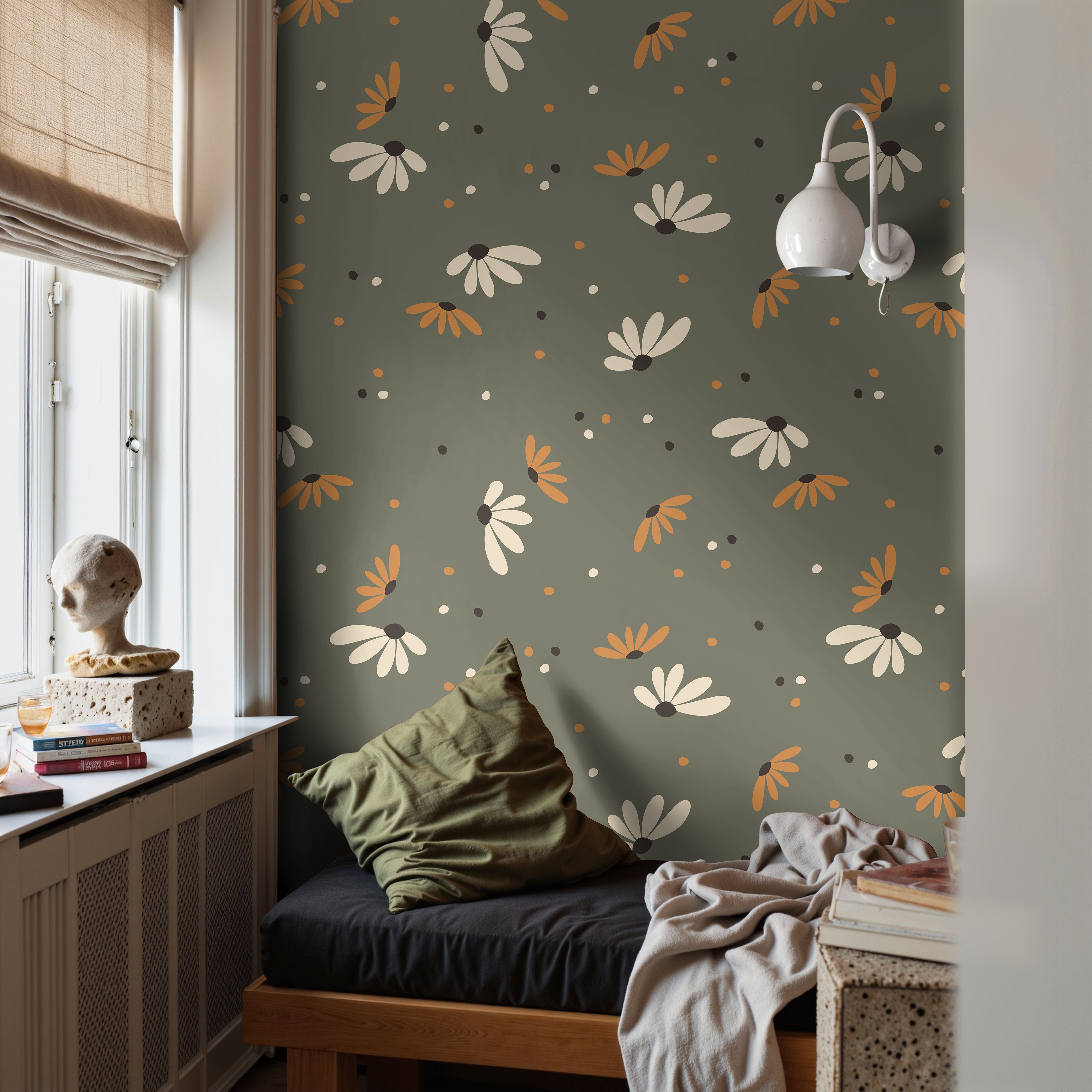 Yellow and white flowers on olive green background in teens bedroom