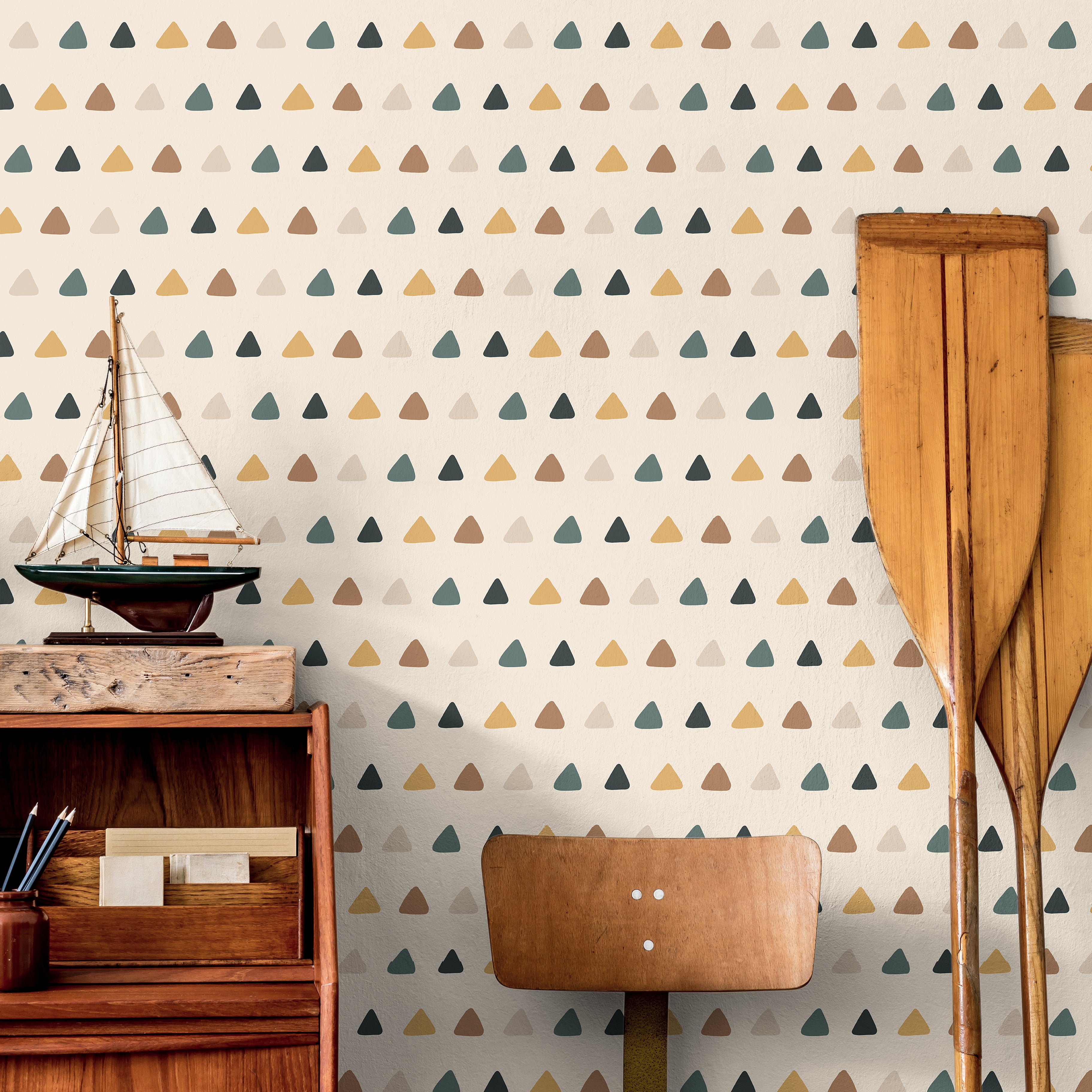 Boho colored triangles on cream background in nautical themed room