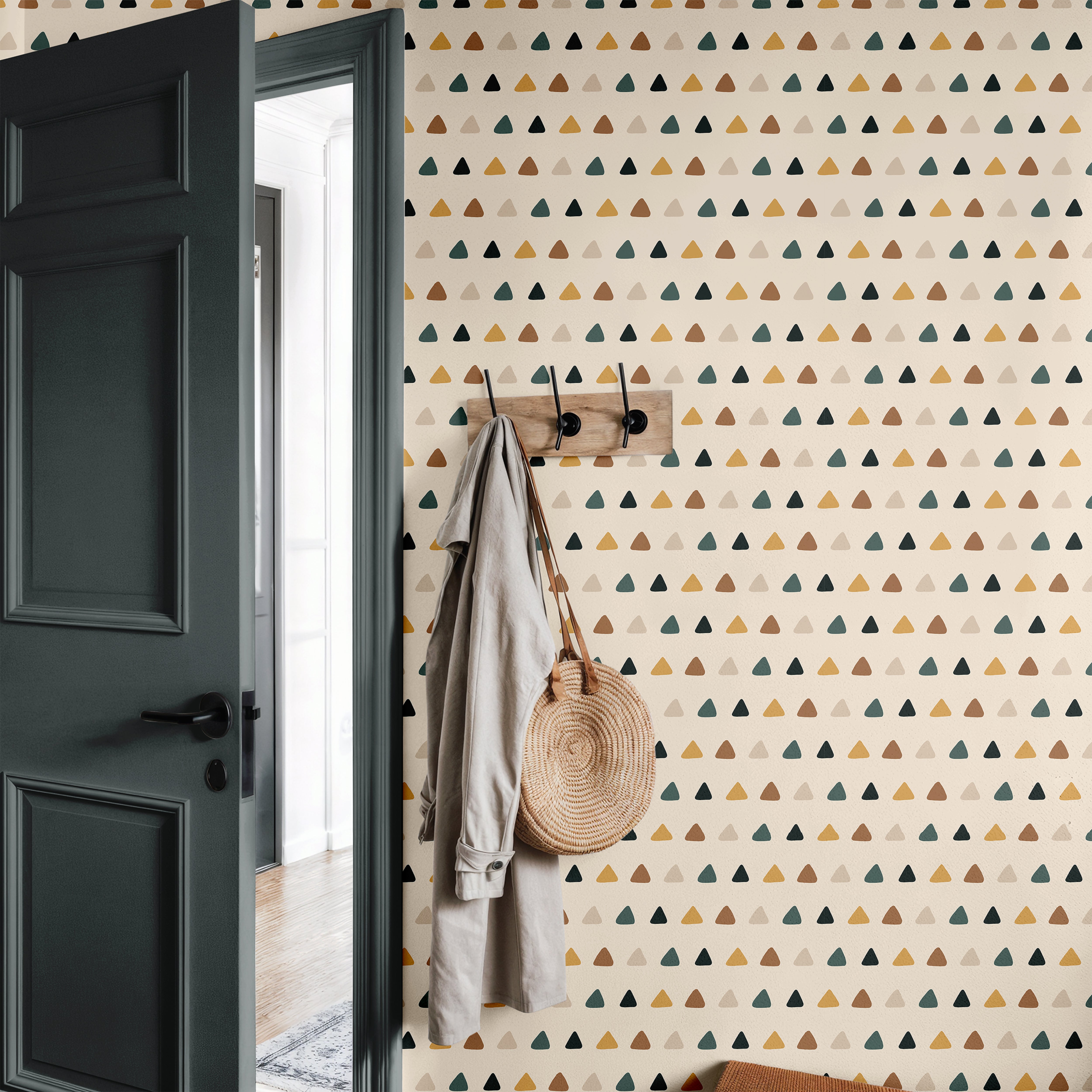 muted boho colored triangles in inviting entryway