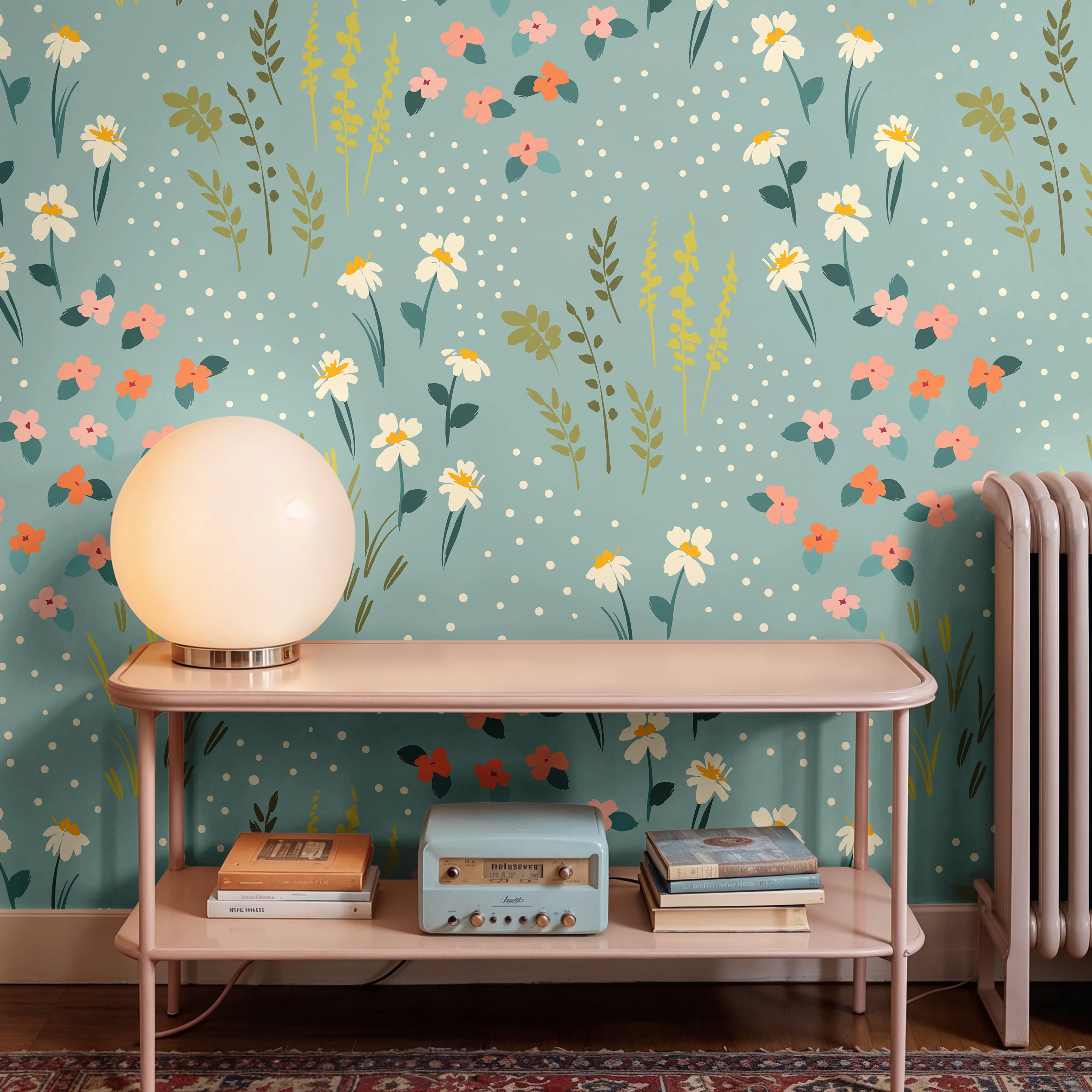 Friendly bright florals on teal blue background in dusty pink living room