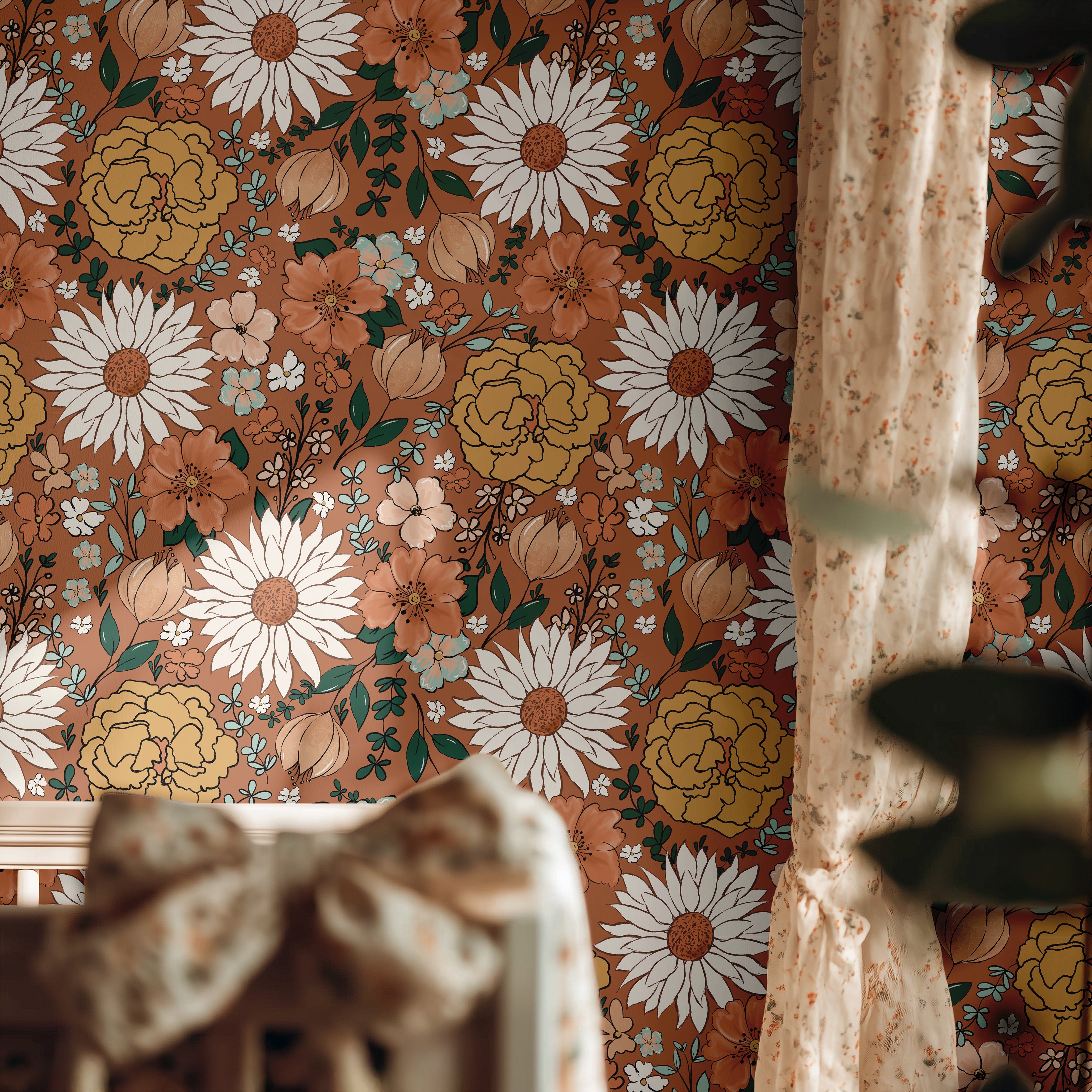 Warm inviting florals in bright girls room