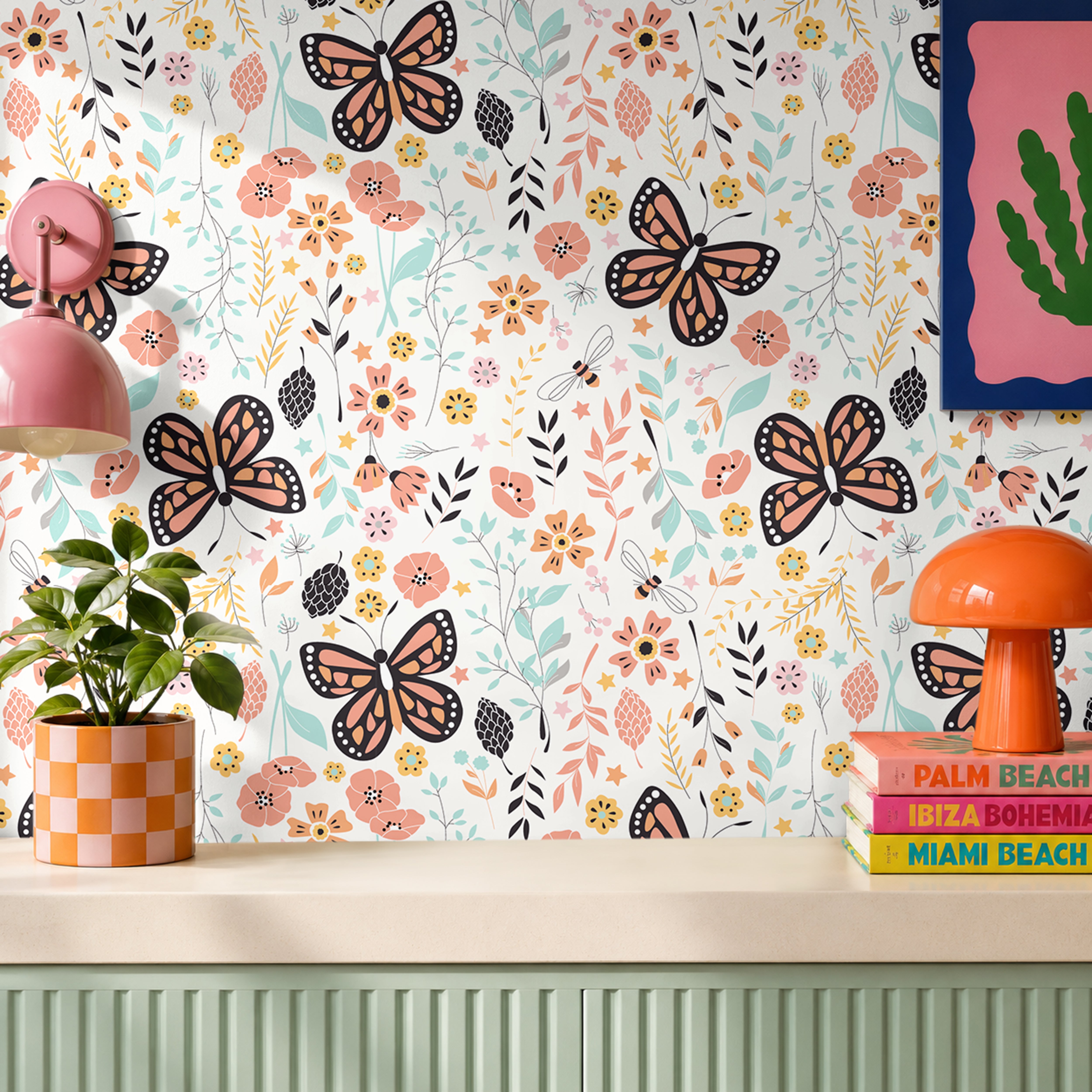 Bright Floral Butterflies in vivid colored kids play room