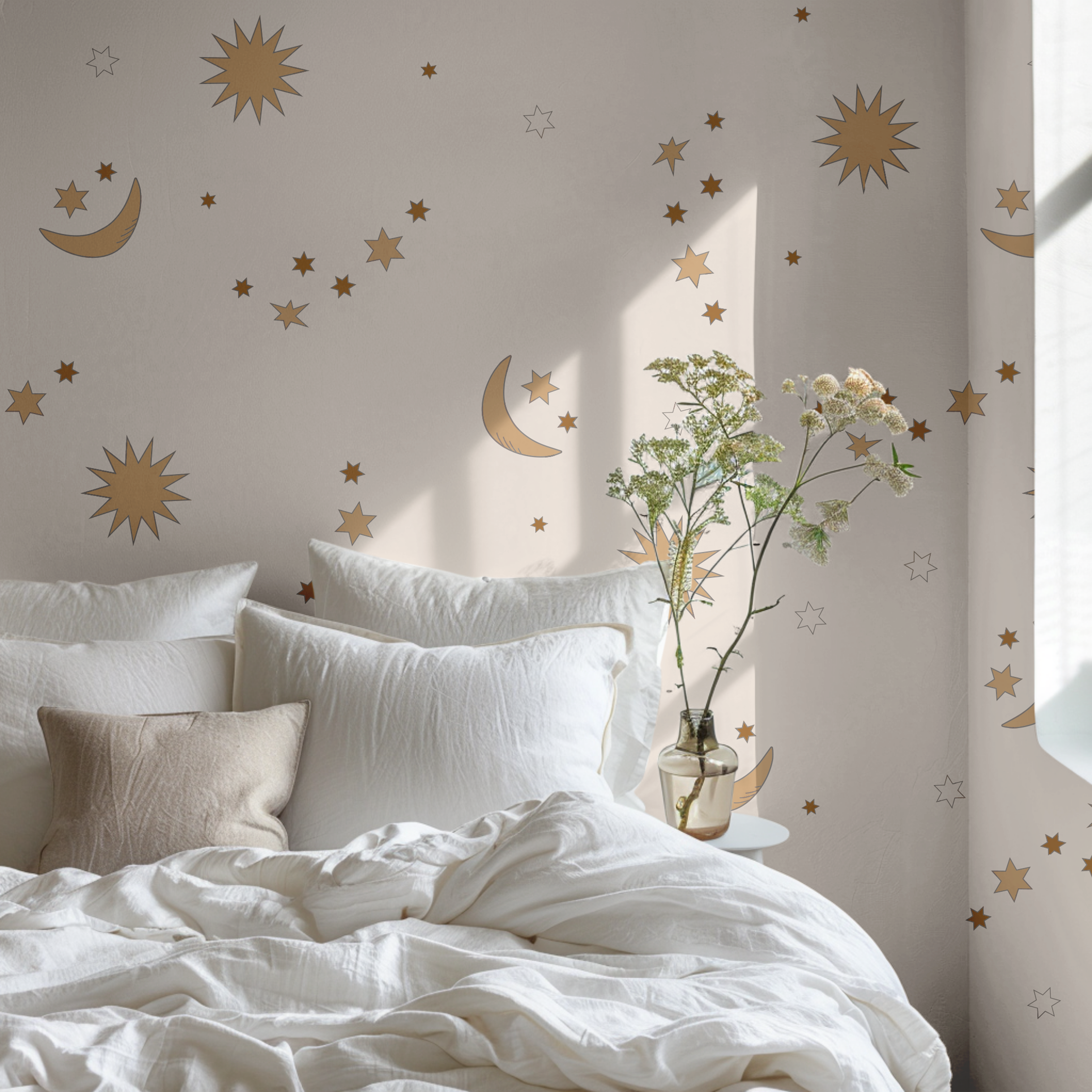 Creamy celestial stars and moons in airy and light bedroom