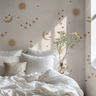 Creamy celestial stars and moons in airy and light bedroom