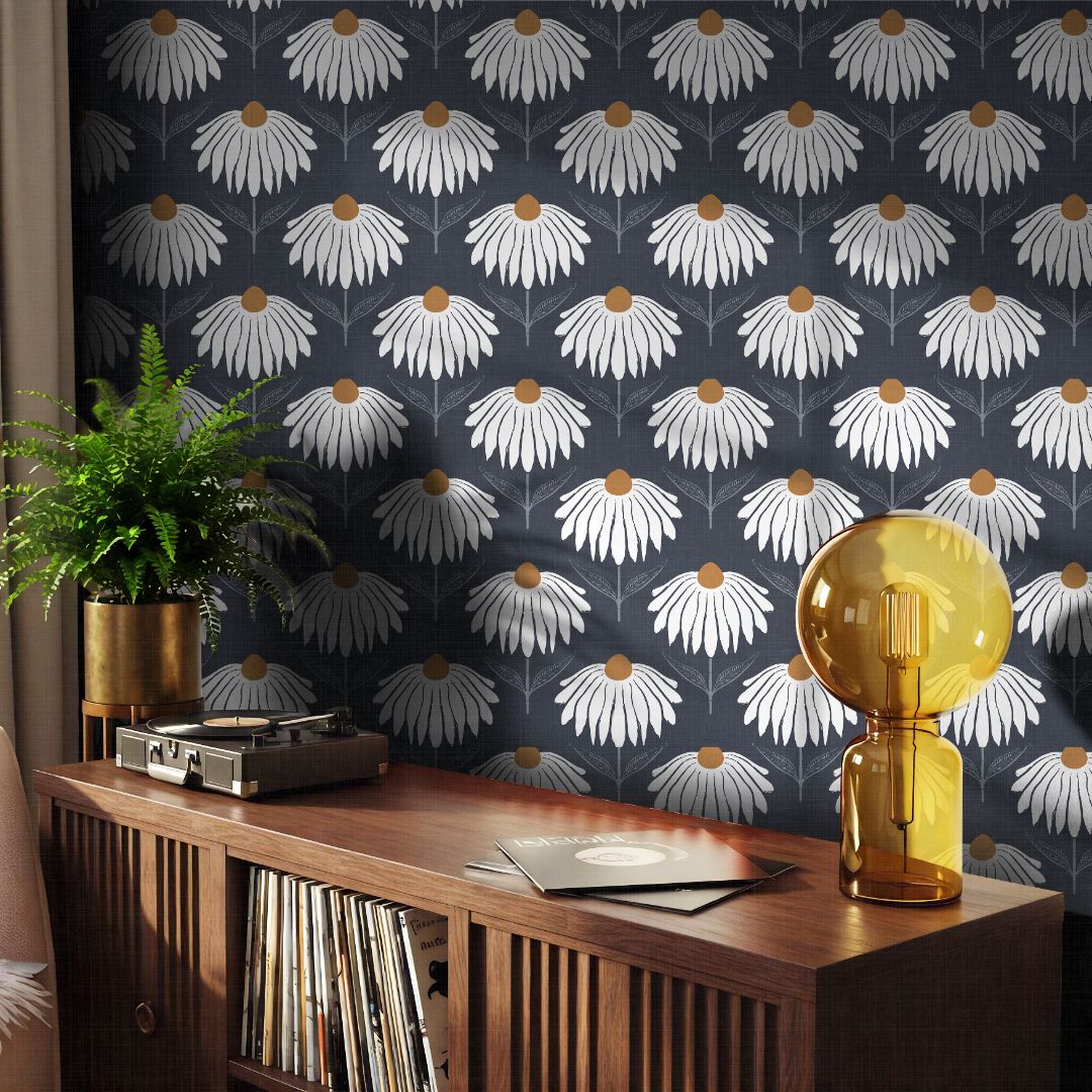 View of Chantelune Noir Floral Wallpaper styled with modern lighting and natural wood console