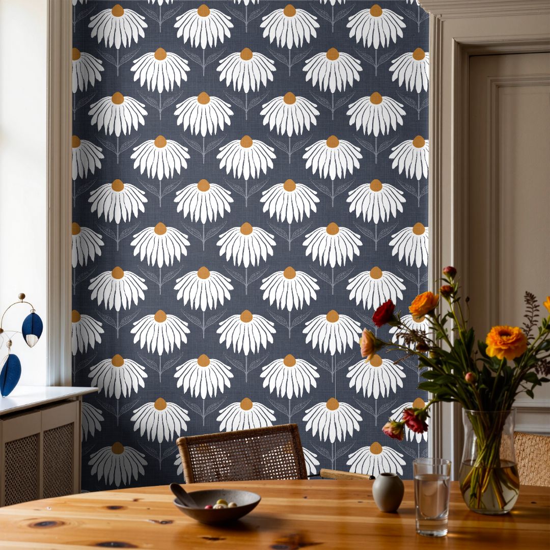 Dining room with Chantelune Noir Floral Wallpaper featuring bold white petals and warm wood tones