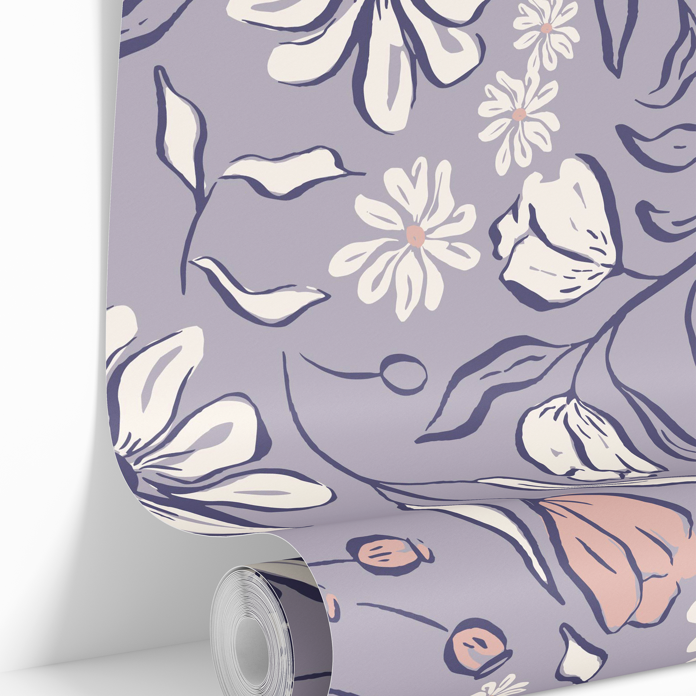 Hand-drawn white daisies and blush flowers on lavender wallpaper background – James and Colors 1653
