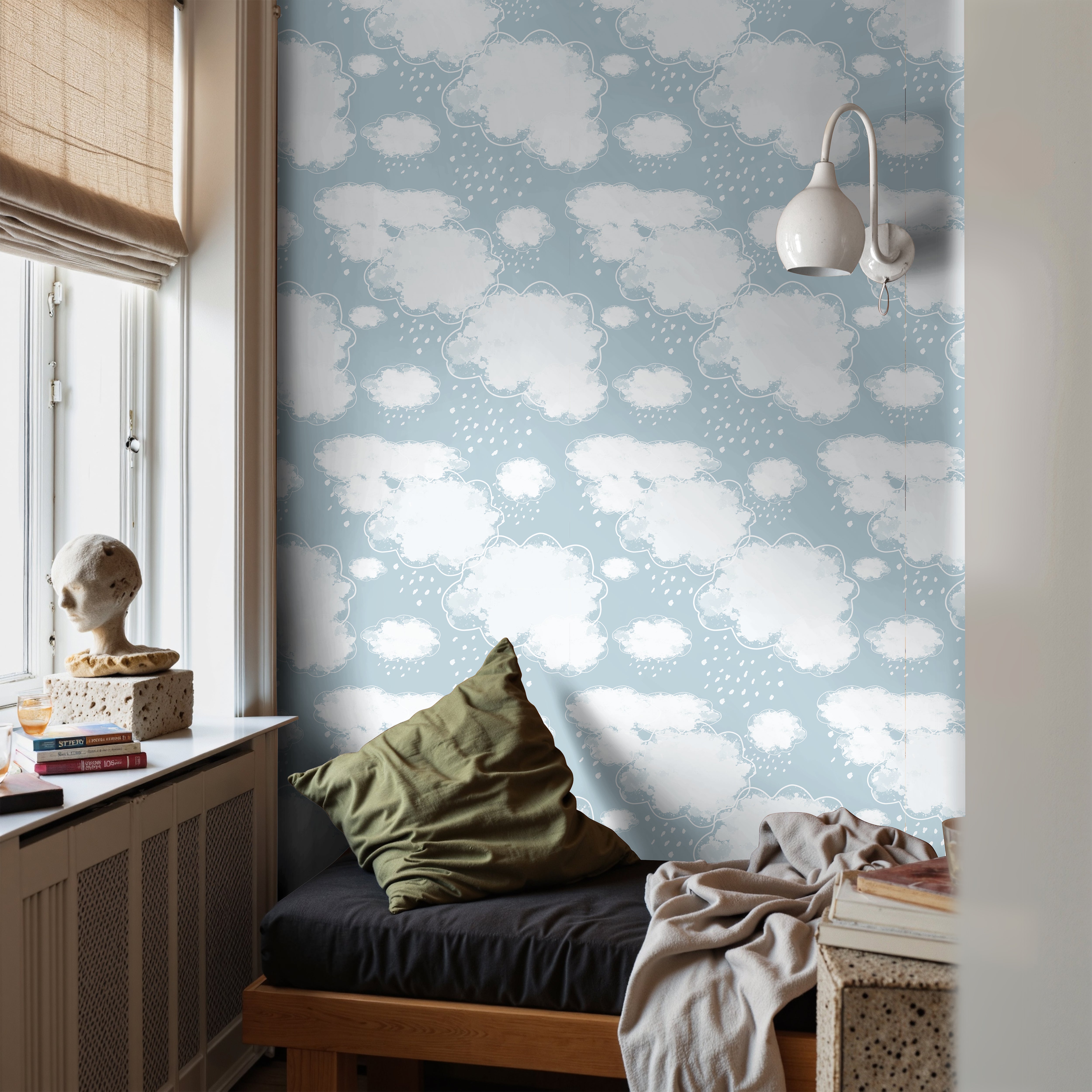 Storming clouds on blue background in teens bedroom
