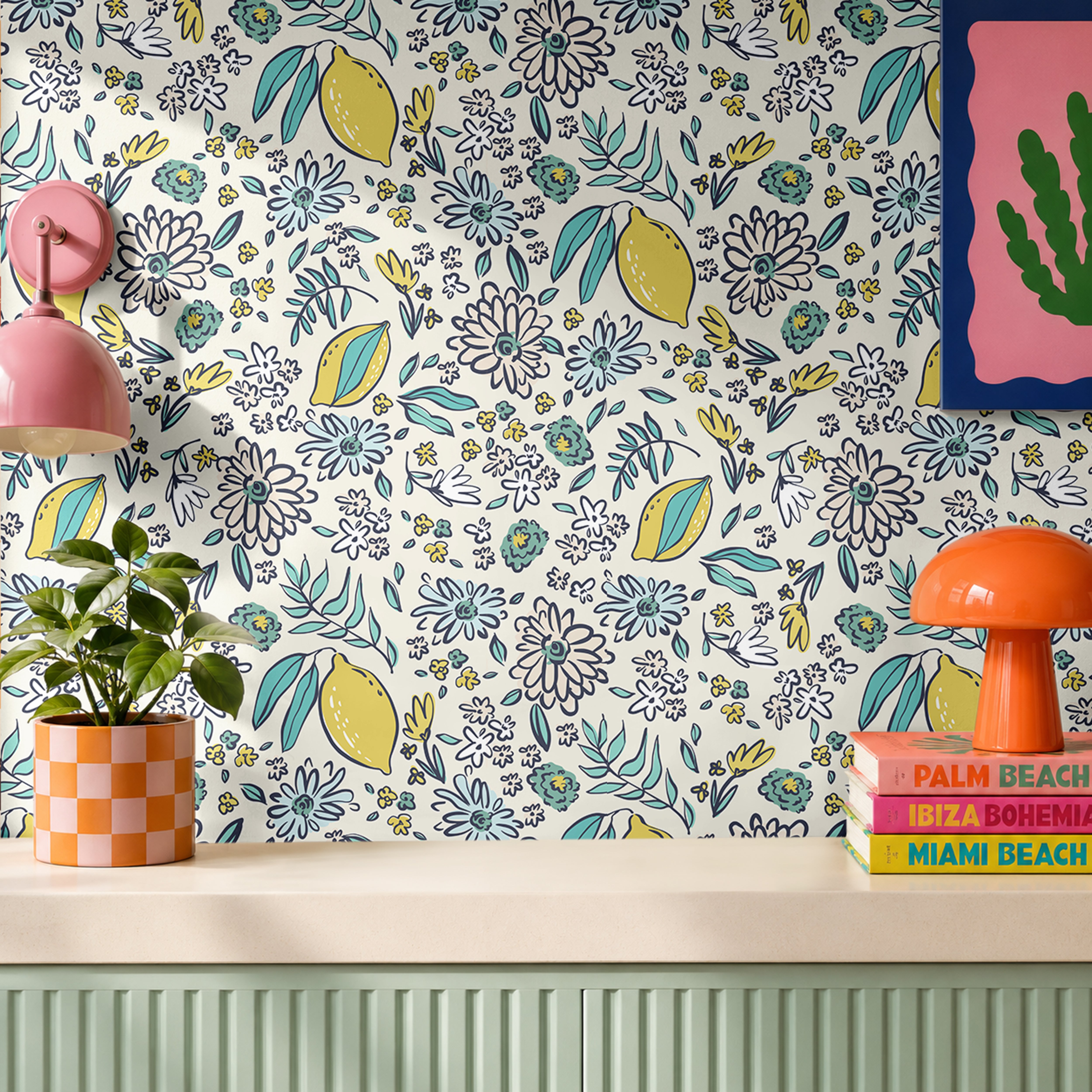 Eclectic lemons with florals and blue and yellow doodles on light cream background