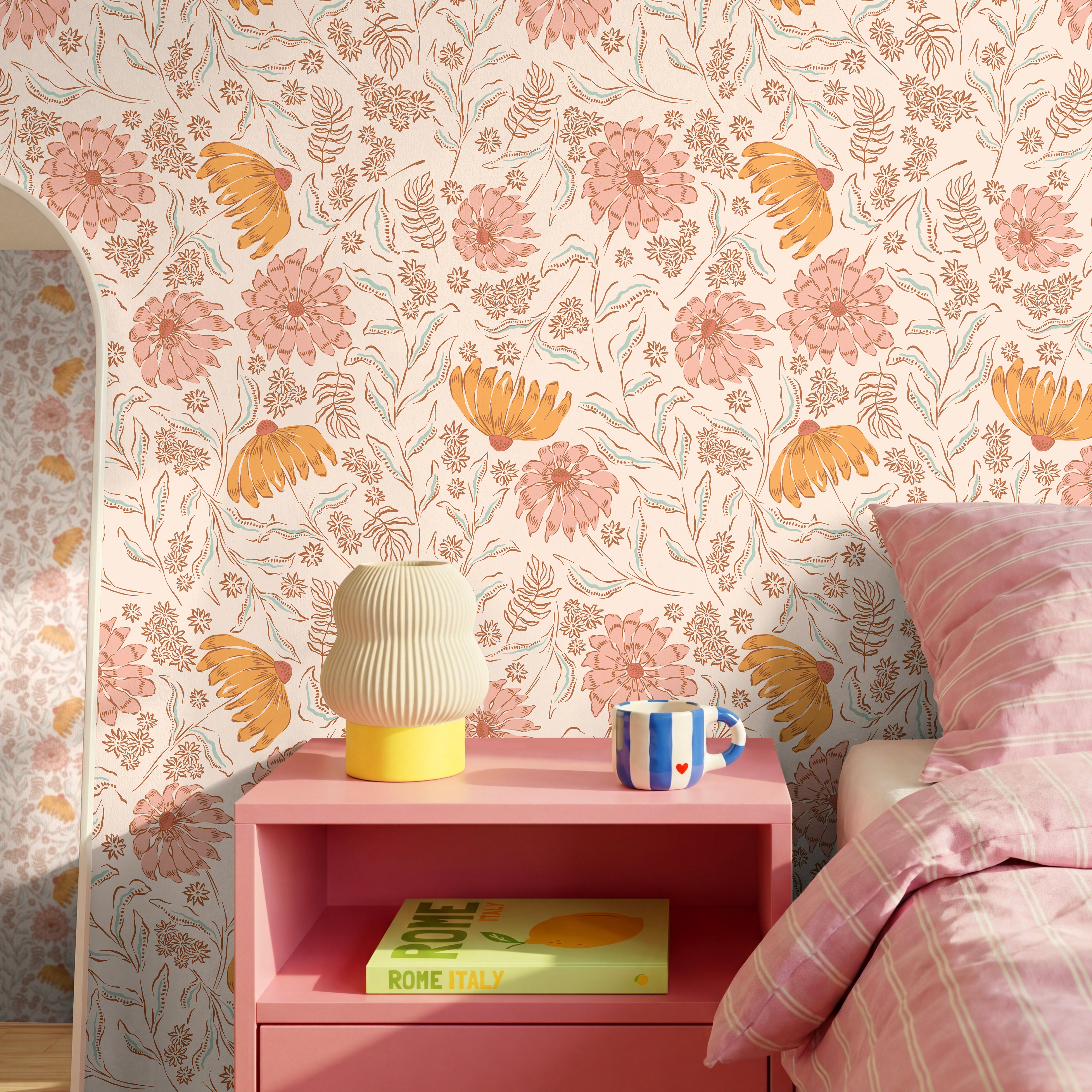 pink and yellow coneflowers on cream background styled in pink bedroom