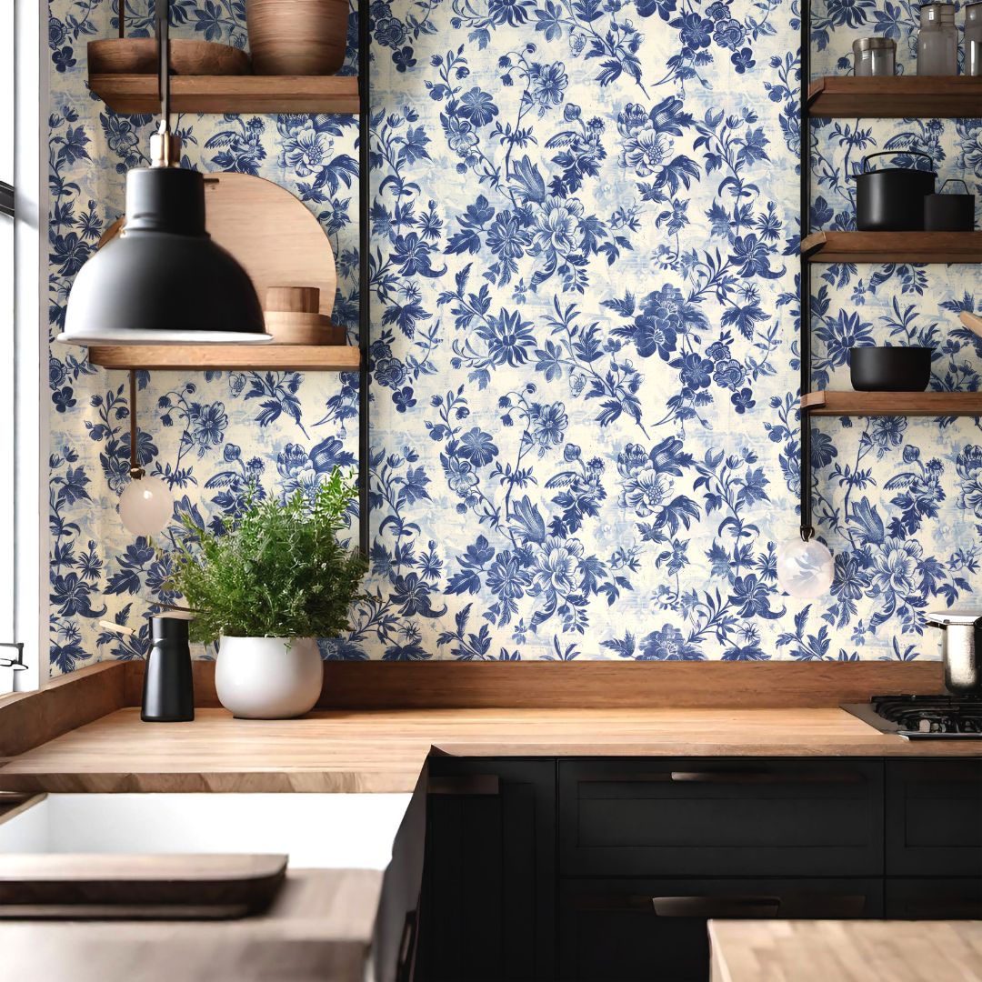 Blue Porcelain Flowers | Peel And Stick Wallpaper | Adhesive Wallpaper | Wallpaper Peel Stick Wall Mural 1662 - James And Colors