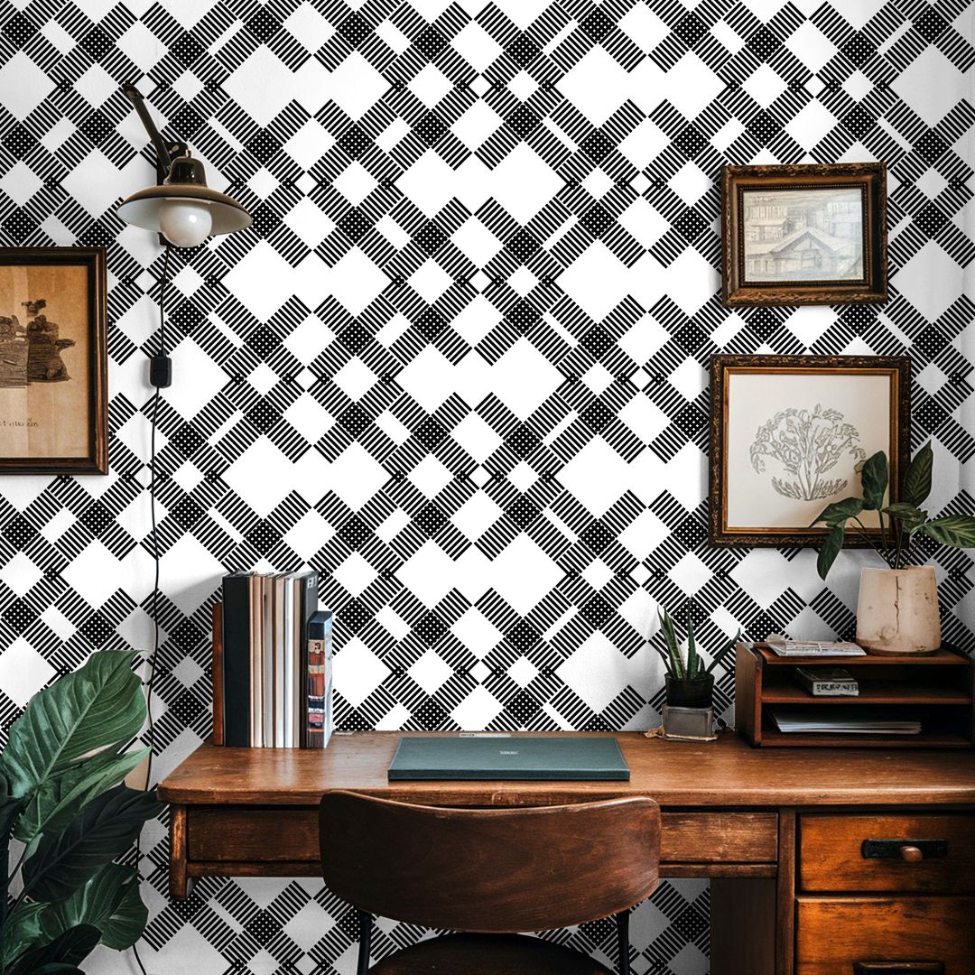 Wallpaper Peel and Stick Wallpaper Criss Cross Plaid Geometric Modern Black and White Removable Wallpaper Wall Decor Home Decor Wall Art Room Decor 1953 - James And Colors