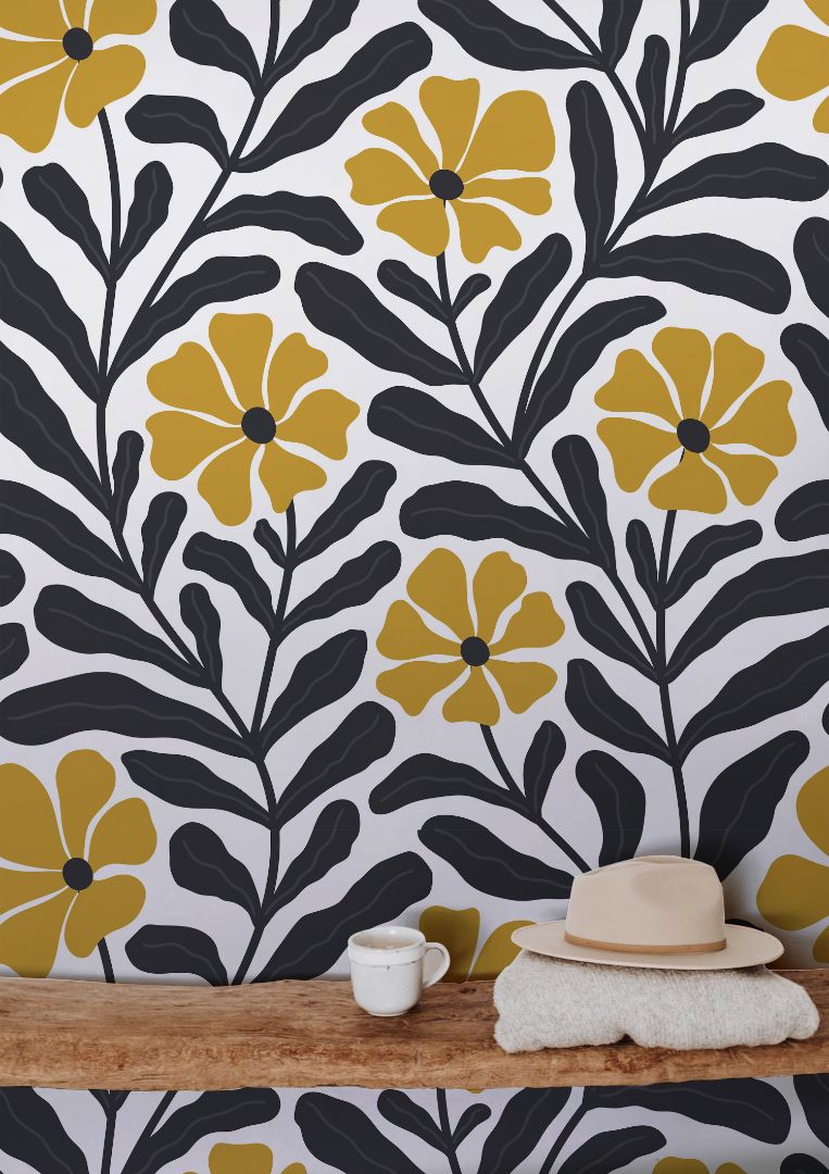 Set of 11 Panels of 24in (2ft) x 72in (6ft) Black and Yellow Modern Abstract Floral DISCOUNTED Peel And Stick TEXTURE Wallpaper 541