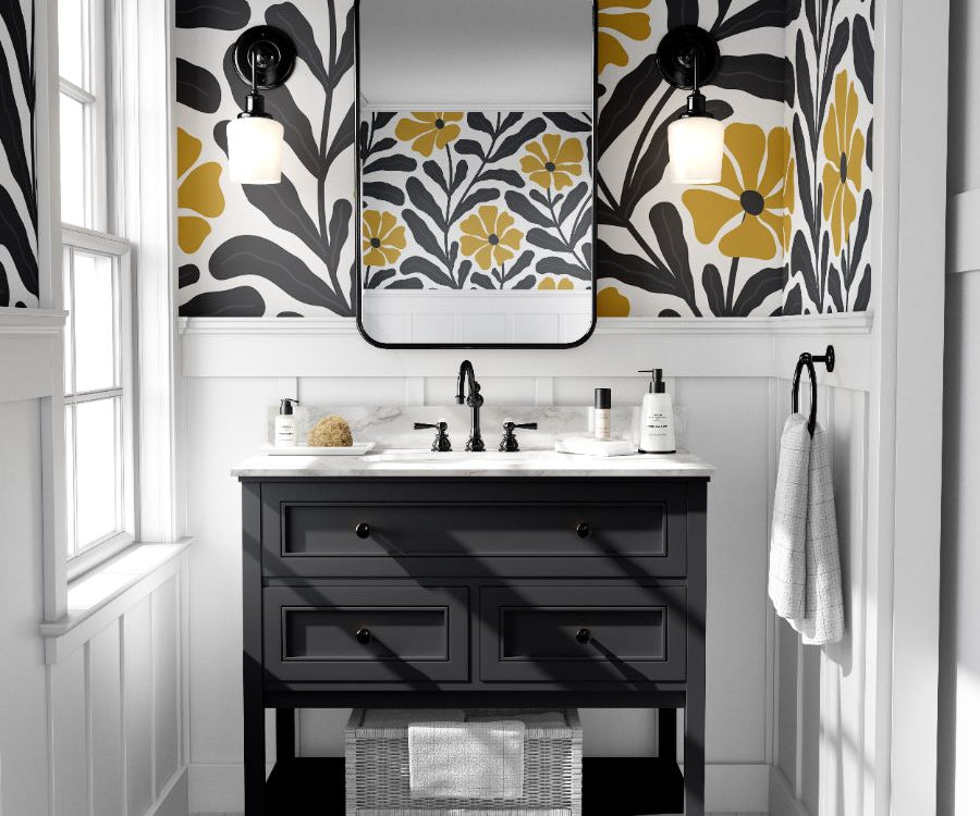 Set of 11 Panels of 24in (2ft) x 72in (6ft) Black and Yellow Modern Abstract Floral DISCOUNTED Peel And Stick TEXTURE Wallpaper 541