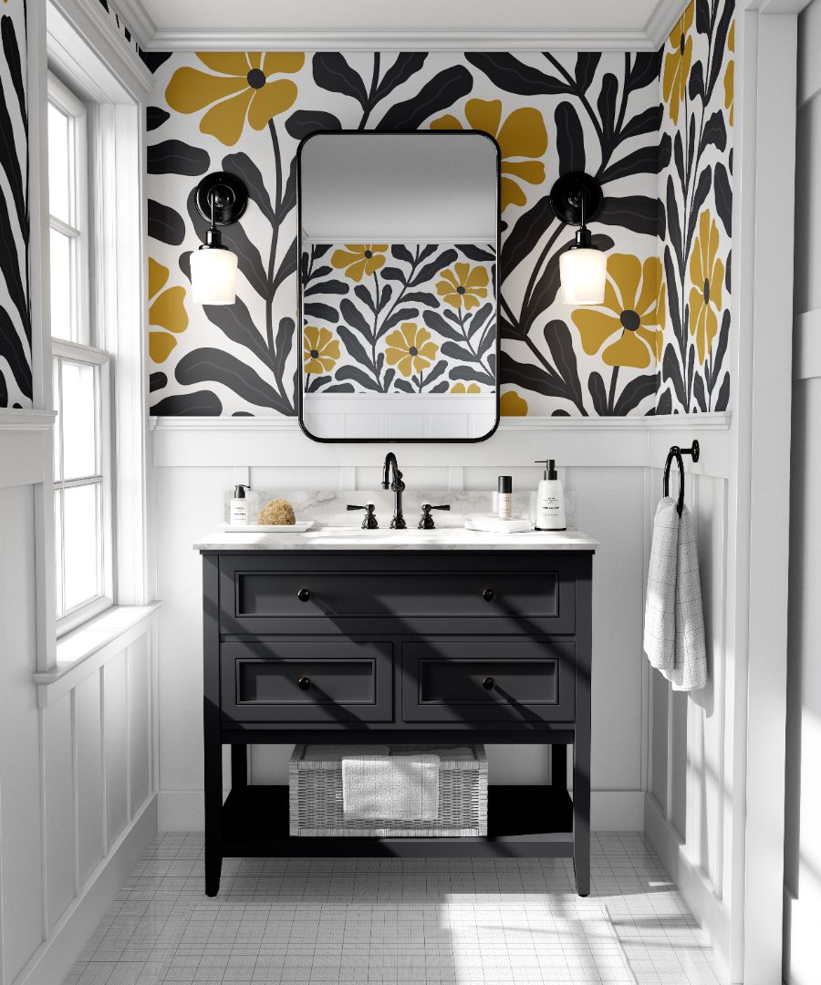 Set of 11 Panels of 24in (2ft) x 72in (6ft) Black and Yellow Modern Abstract Floral DISCOUNTED Peel And Stick TEXTURE Wallpaper 541