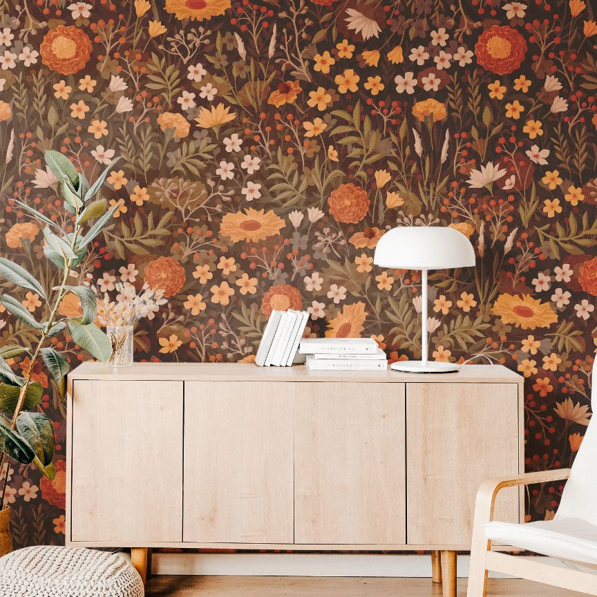 Autumn Orange Floral with Warm Tones Removable Wallpaper Peel and Stick Wall Mural Wall Decor 720 - James And Colors