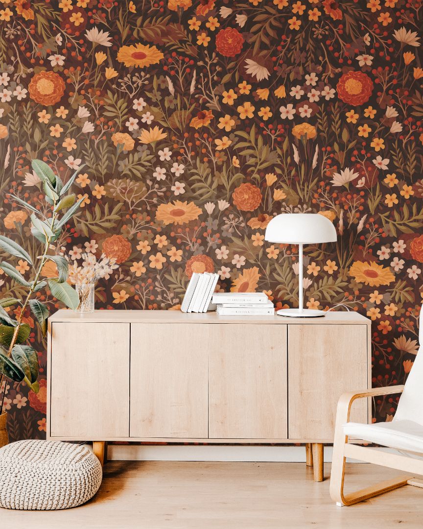 Autumn Orange Floral with Warm Tones Removable Wallpaper Peel and Stick Wall Mural Wall Decor 720 - James And Colors