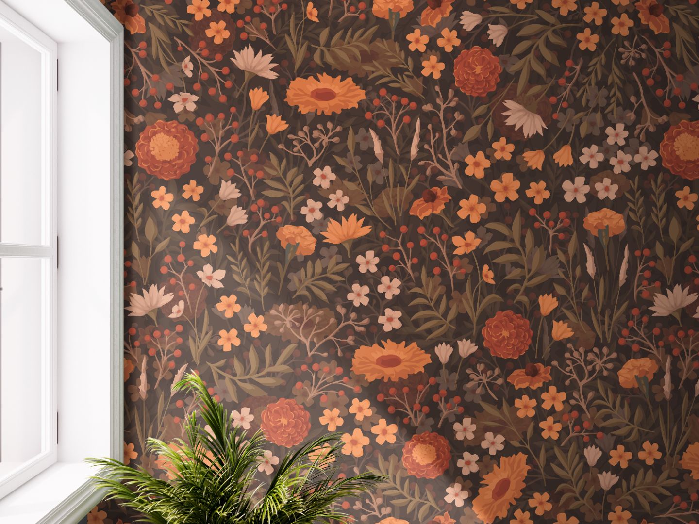 Wallpaper 720: Wallpaper featuring hand-drawn blush pink and terracotta wildflowers with warm beige leaves on a soft cream background, styled in a cozy room with natural light and wood furnishings.

