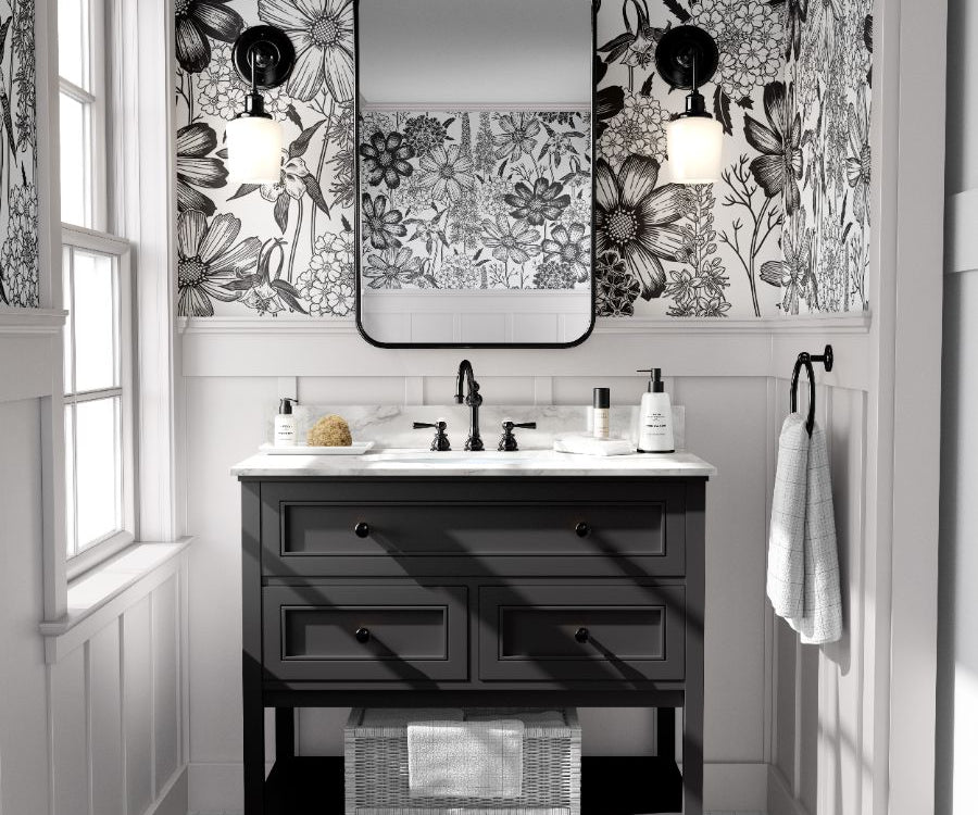Wallpaper 764: Elegant black-and-white botanical wallpaper featuring detailed floral illustrations, perfect for modern and vintage-inspired interiors.