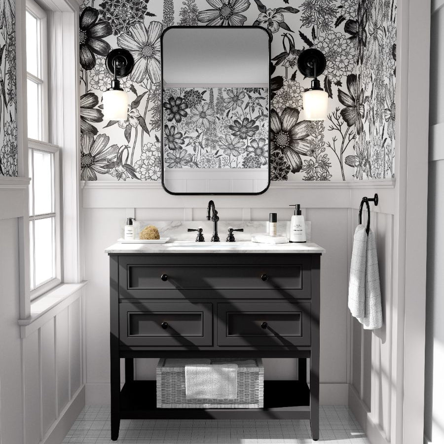 Wallpaper 764: Elegant black-and-white botanical wallpaper featuring detailed floral illustrations, perfect for modern and vintage-inspired interiors.