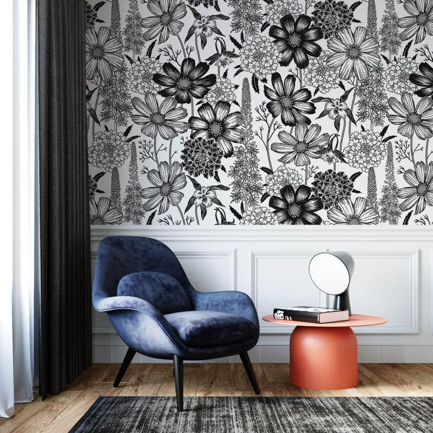Monochrome Meadow | Black Floral Removable Wallpaper for Bathroom, Bedroom, Doors, Walls, DIY Home Decor 764 - James And Colors