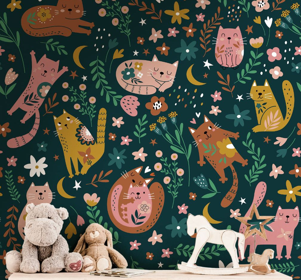 Floral Cozy Cat Pattern Wallpaper | Girls Nursery Wallpaper | Kids Wallpaper | Childrens Wallpaper | Peel Stick Removable Wallpaper | 936 - James And Colors
