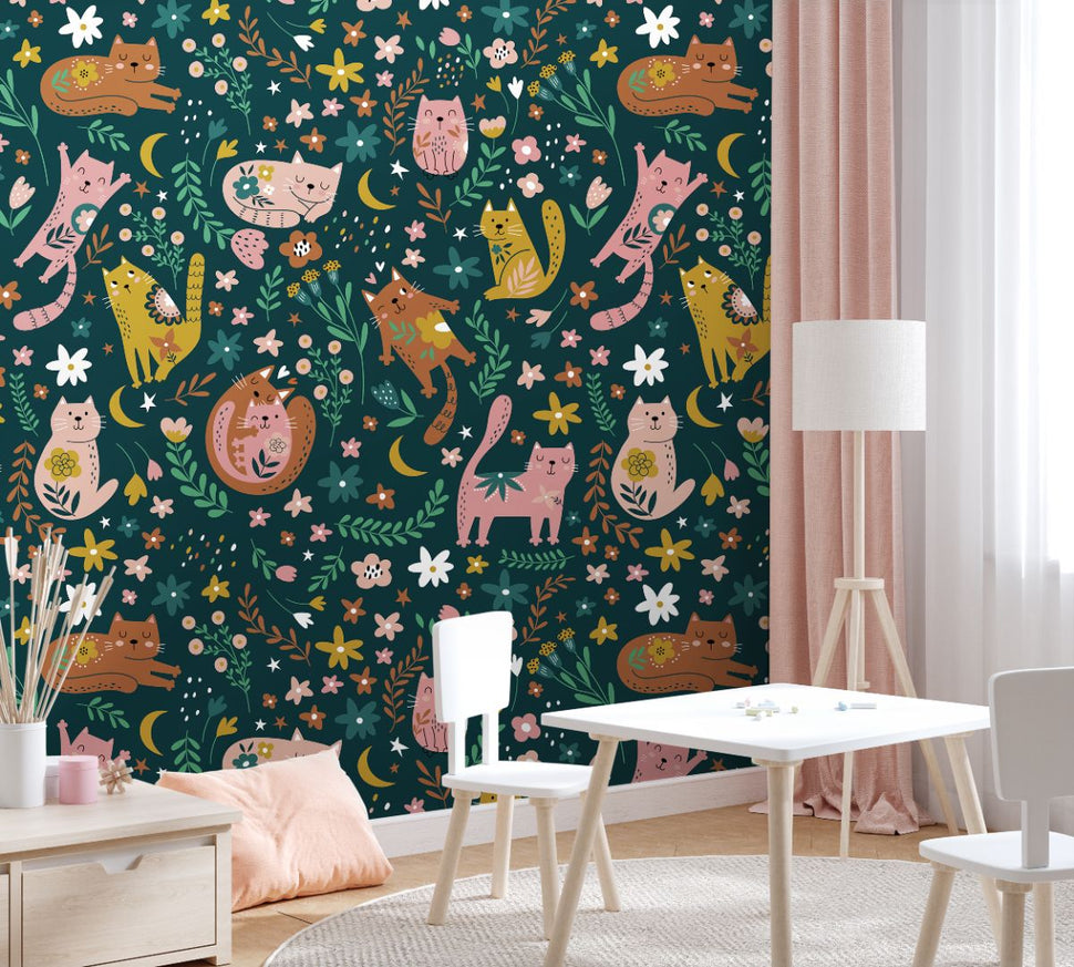Floral Cozy Cat Pattern Wallpaper | Girls Nursery Wallpaper | Kids Wal ...