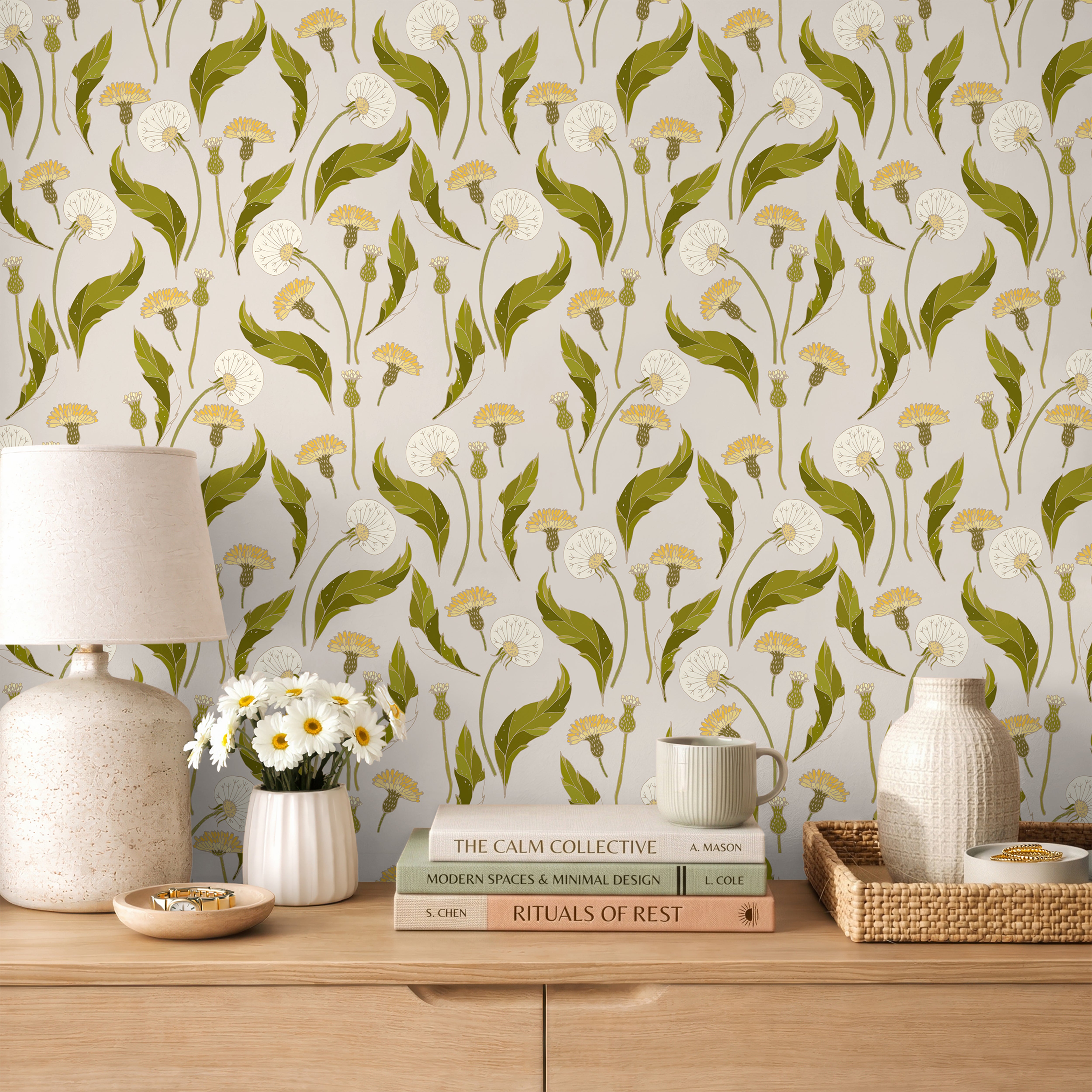 Dancing Dandelions with grey background styled in cottagecore themed bedroom