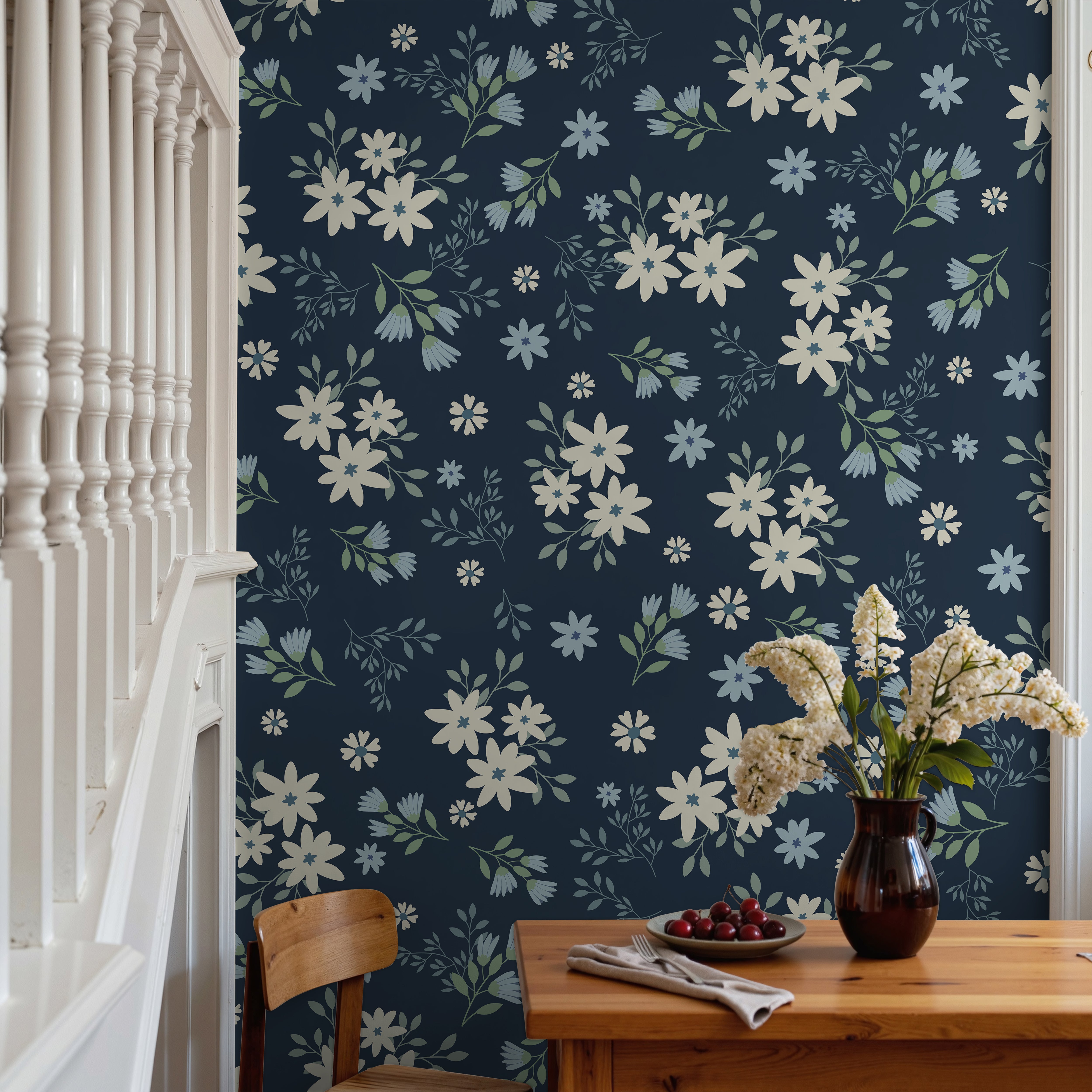 White and blue florals with dark blue background installed in small dining room
