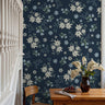 White and blue florals with dark blue background installed in small dining room