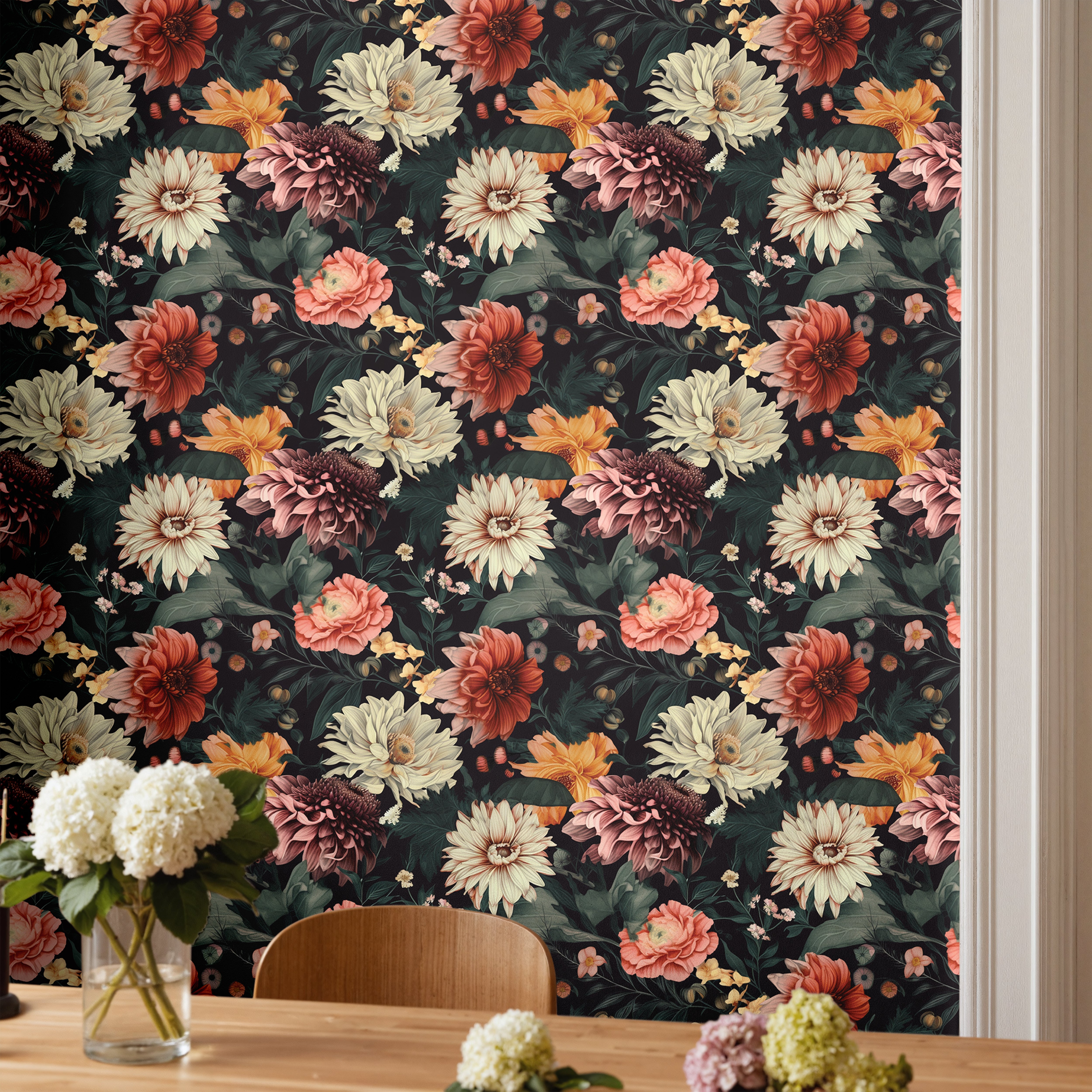 Moody dark florals with dark green leaved background in warm toned dining room
