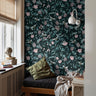 Green and pink moody floral on dark green with yellow bees