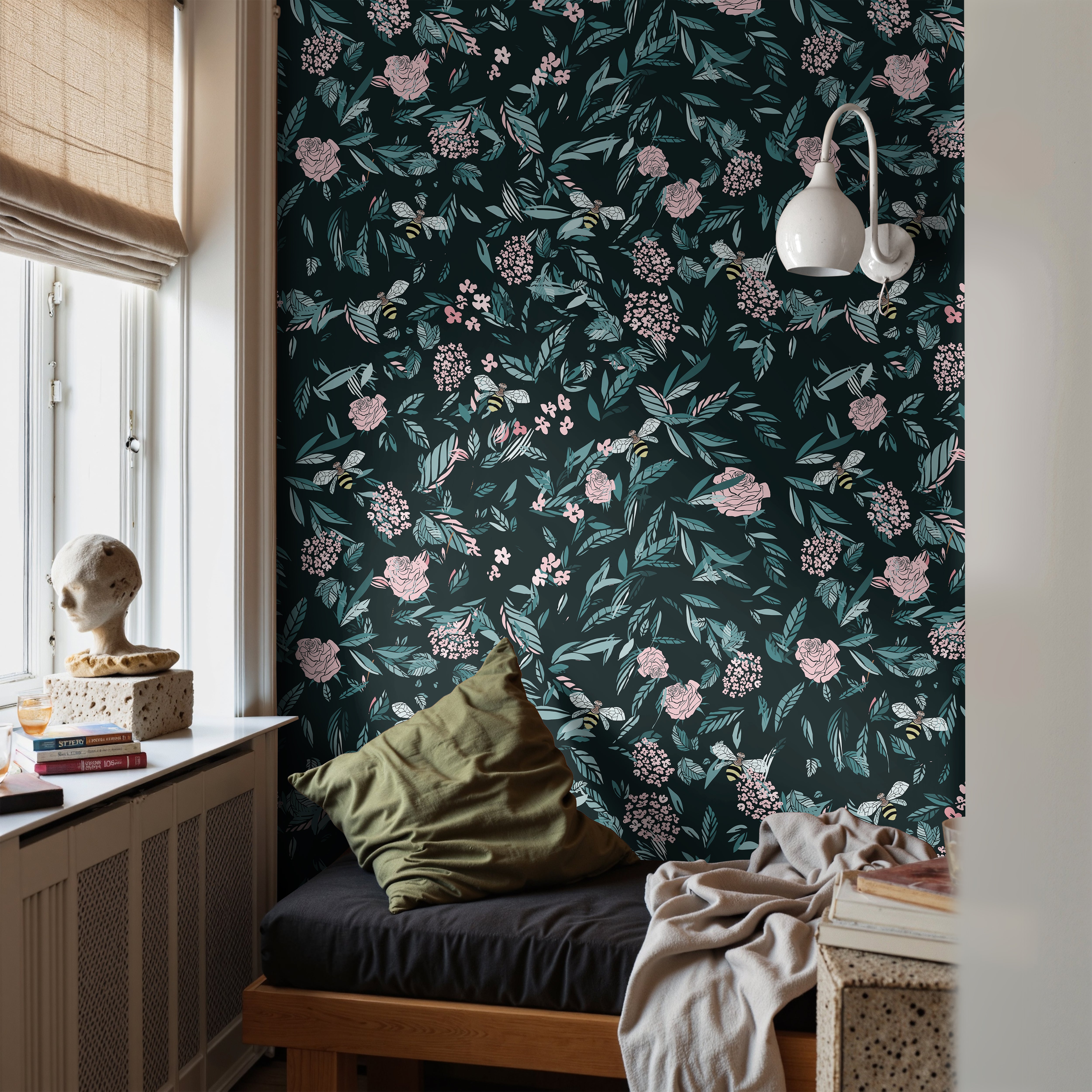 Green and pink moody floral on dark green with yellow bees