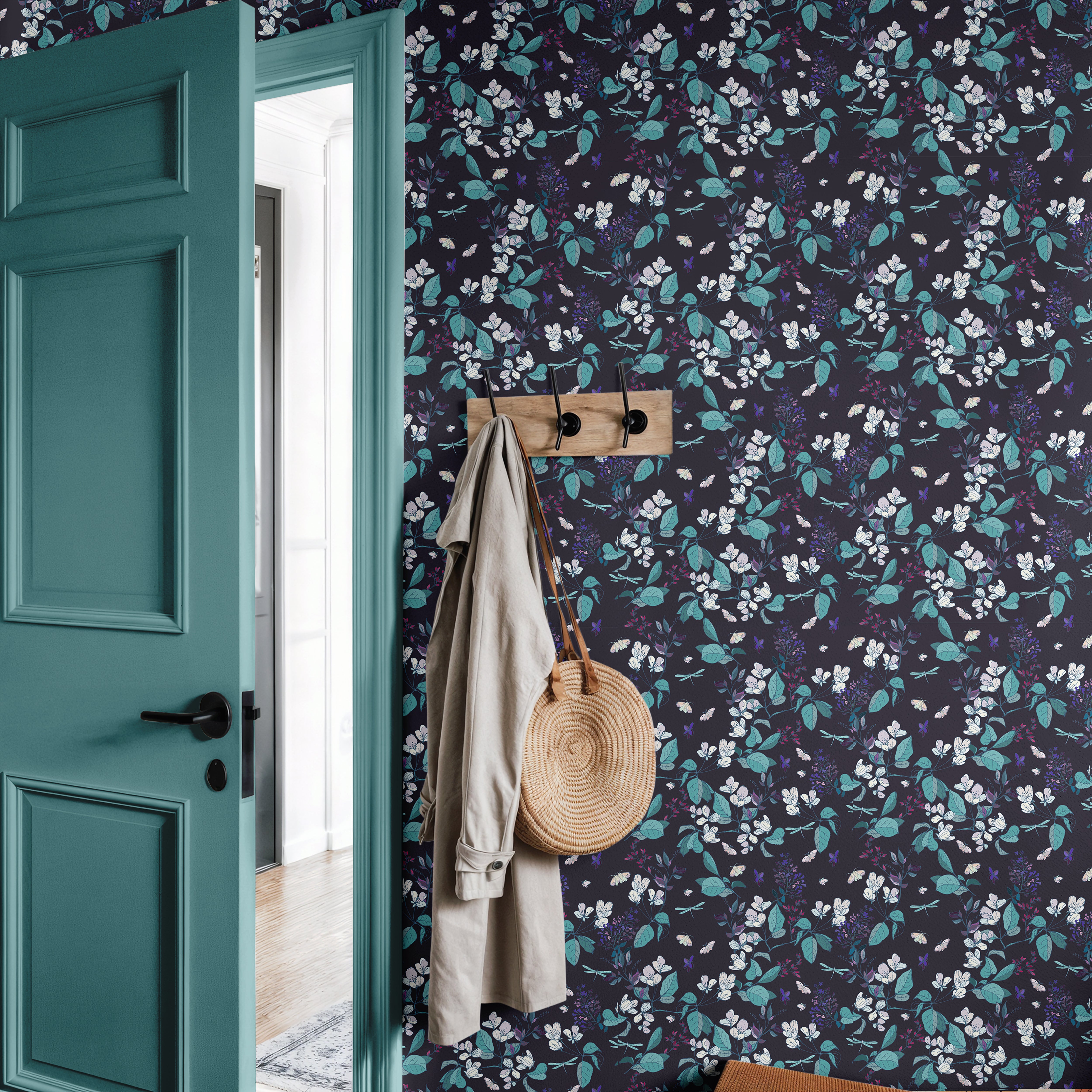 Dark navy background with teal leaves and white and purple flowers in entryway with teal door