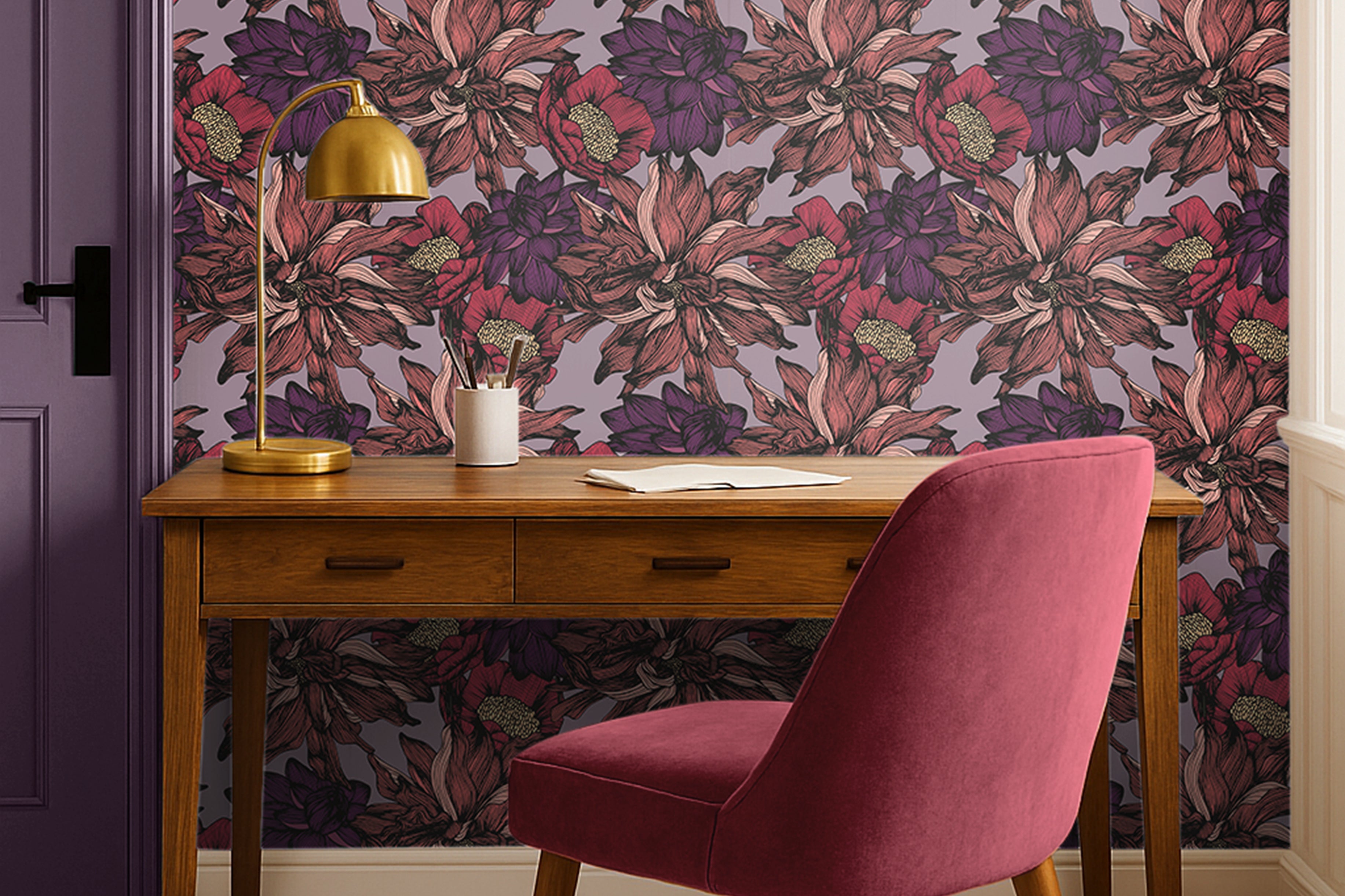 Dark purple and pink blush florals on light purple background