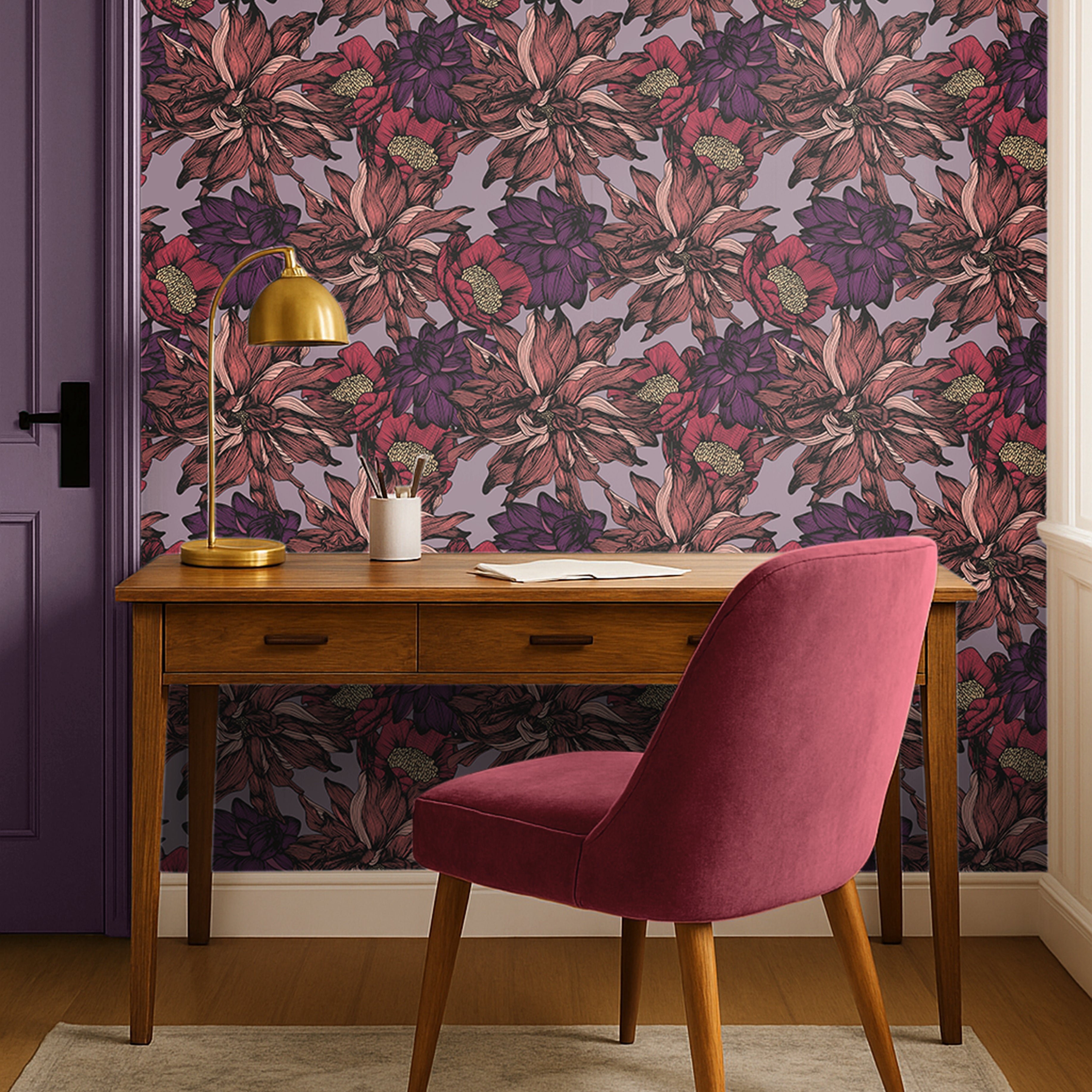 Dark purple and pink blush florals on light purple background