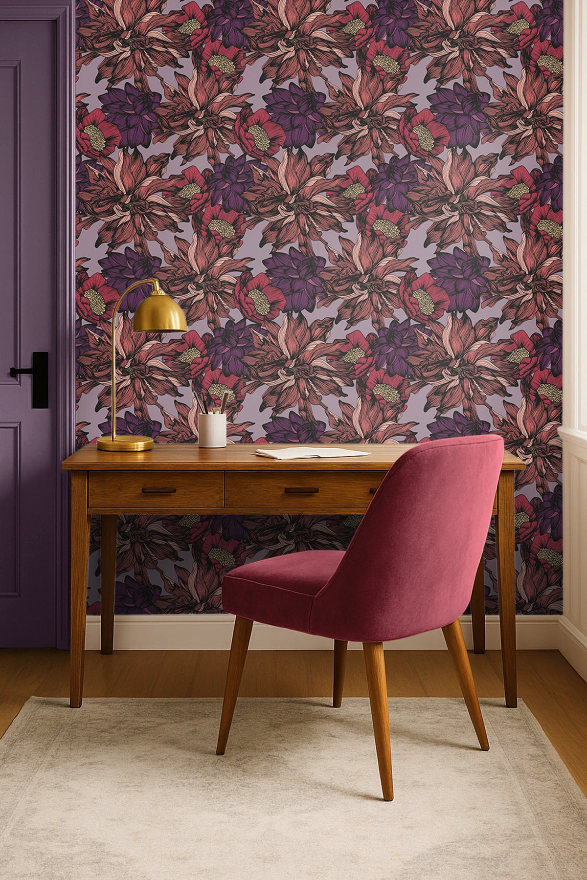 Dark purple and pink blush florals on light purple background