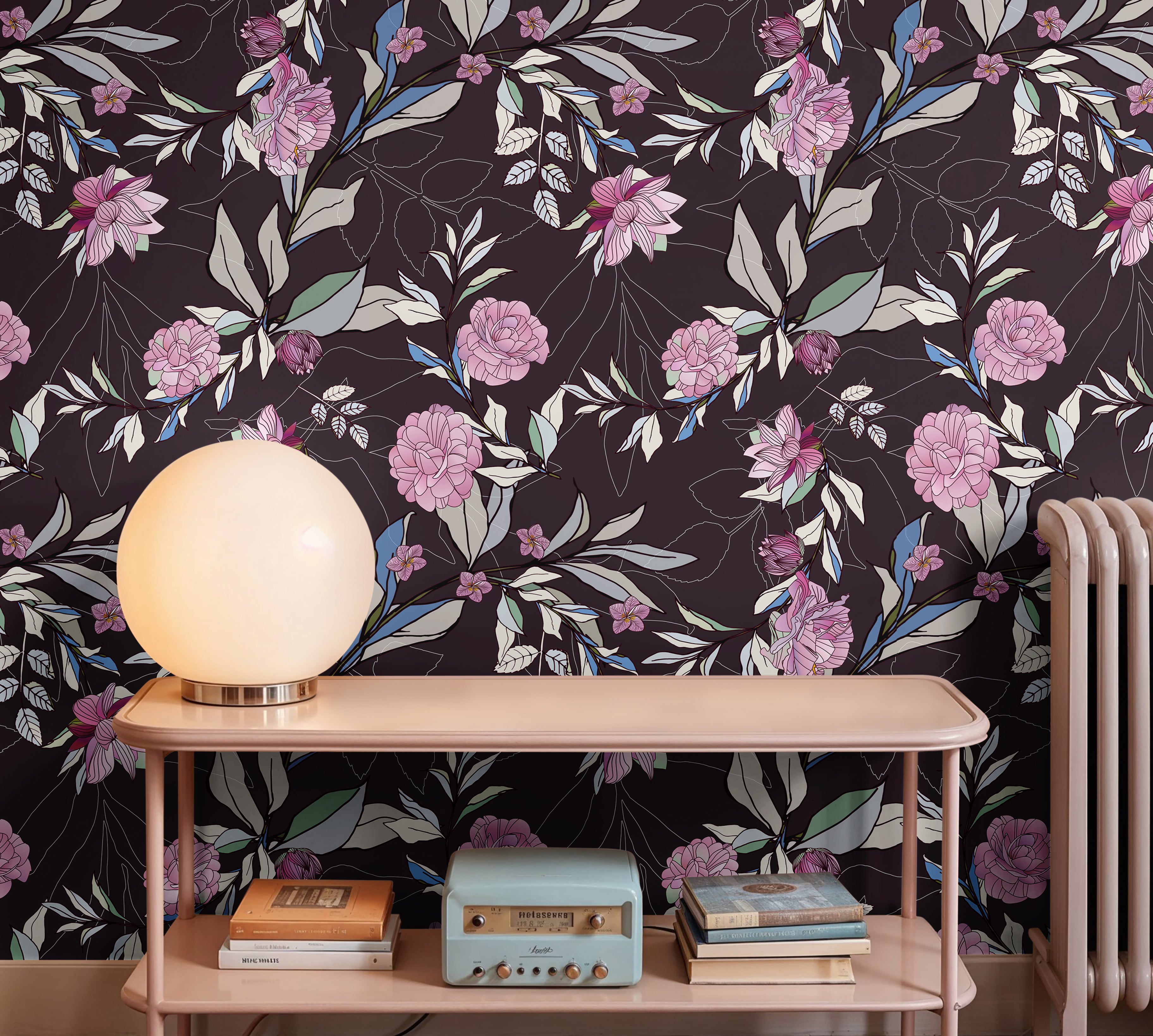 Dark violet purple florals on deep plum background in modern living room
