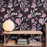 Dark violet purple florals on deep plum background in modern living room