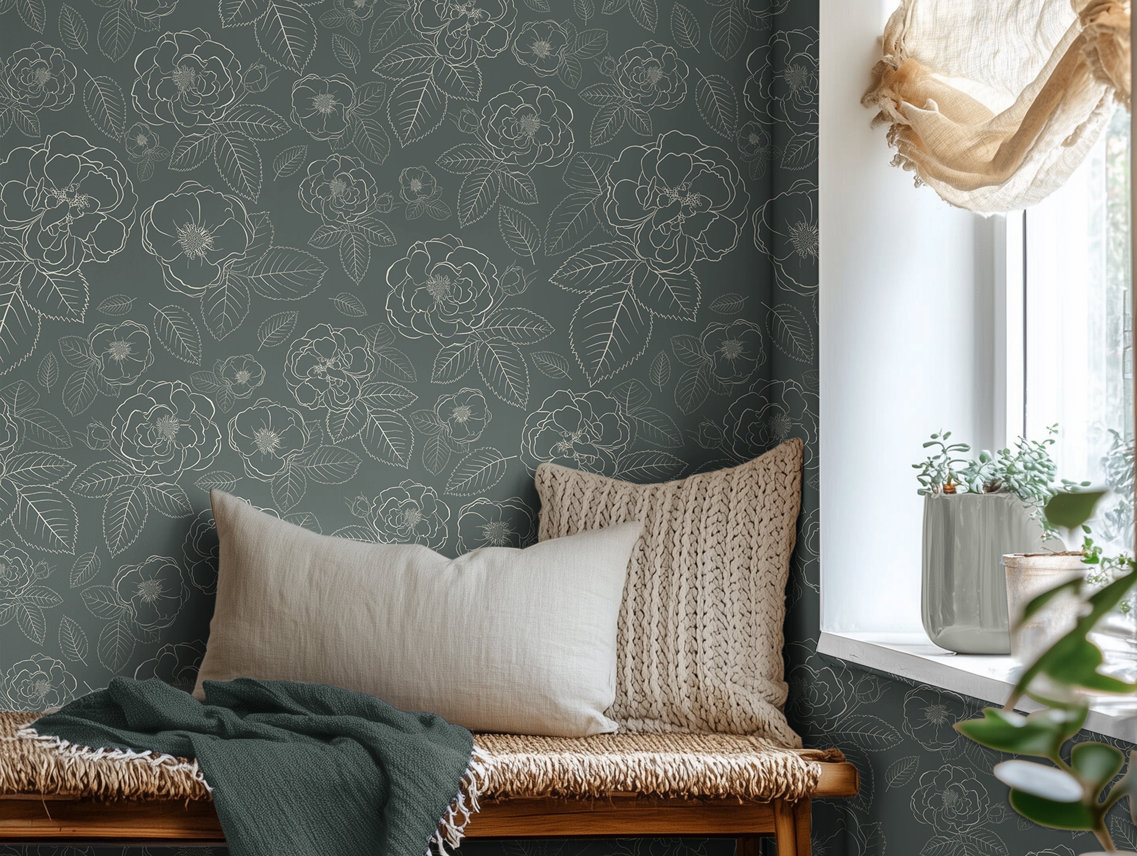 Dark Green florals paired with warm wooden bench and cozy blankets