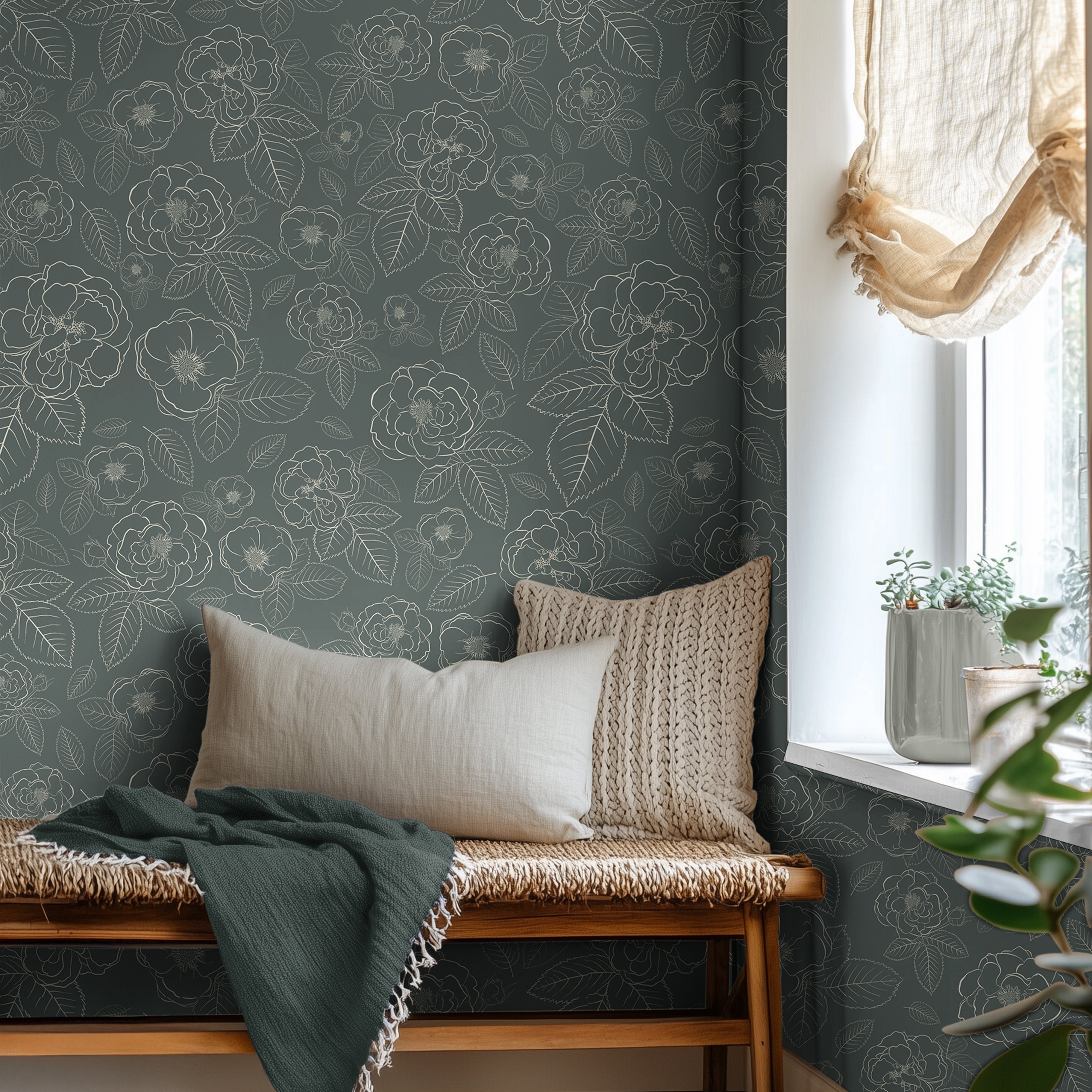Dark Green florals paired with warm wooden bench and cozy blankets