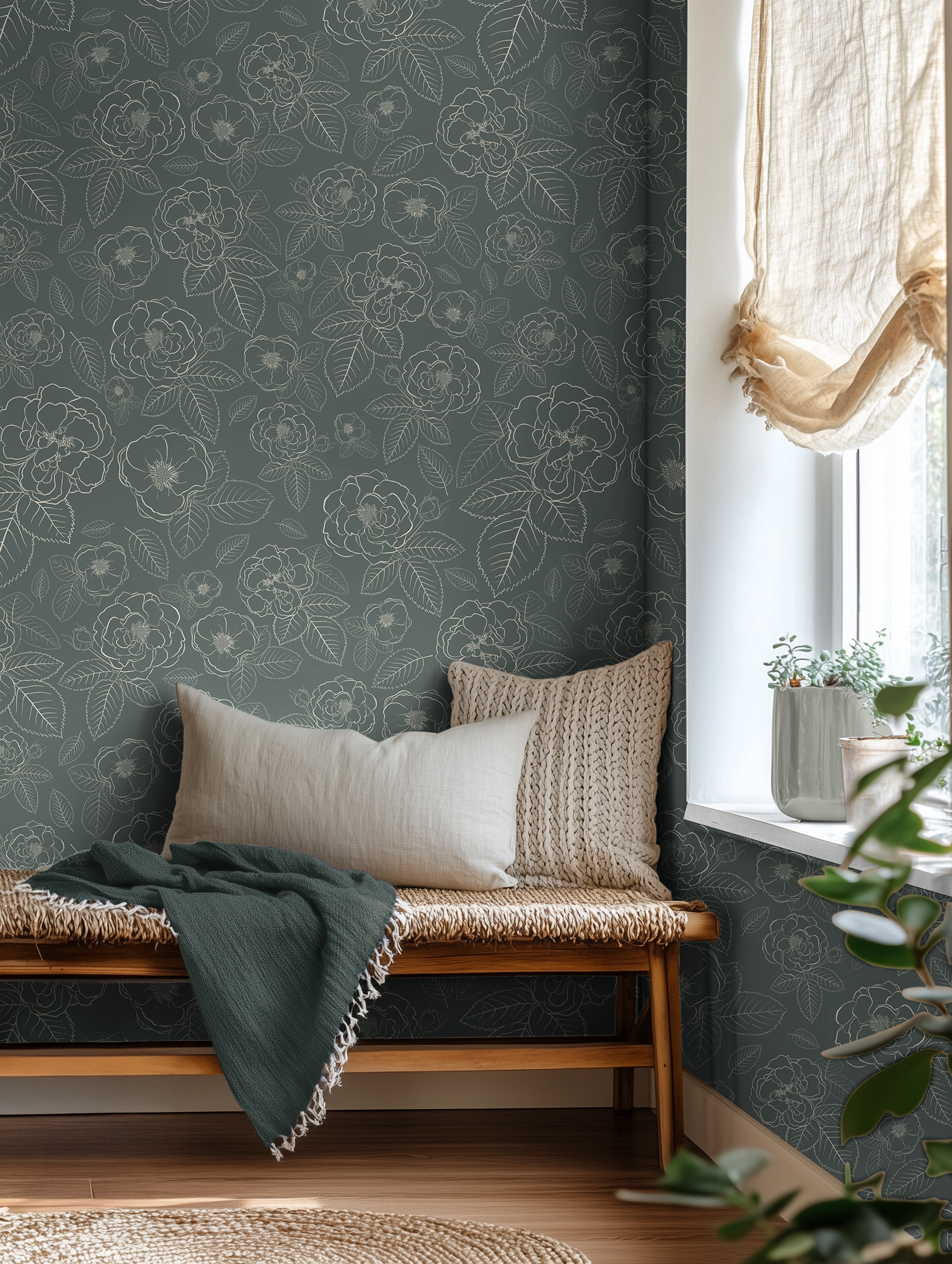 Dark Green florals paired with warm wooden bench and cozy blankets