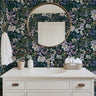 Dark purple and blue floral on black background in modern bathroom interior