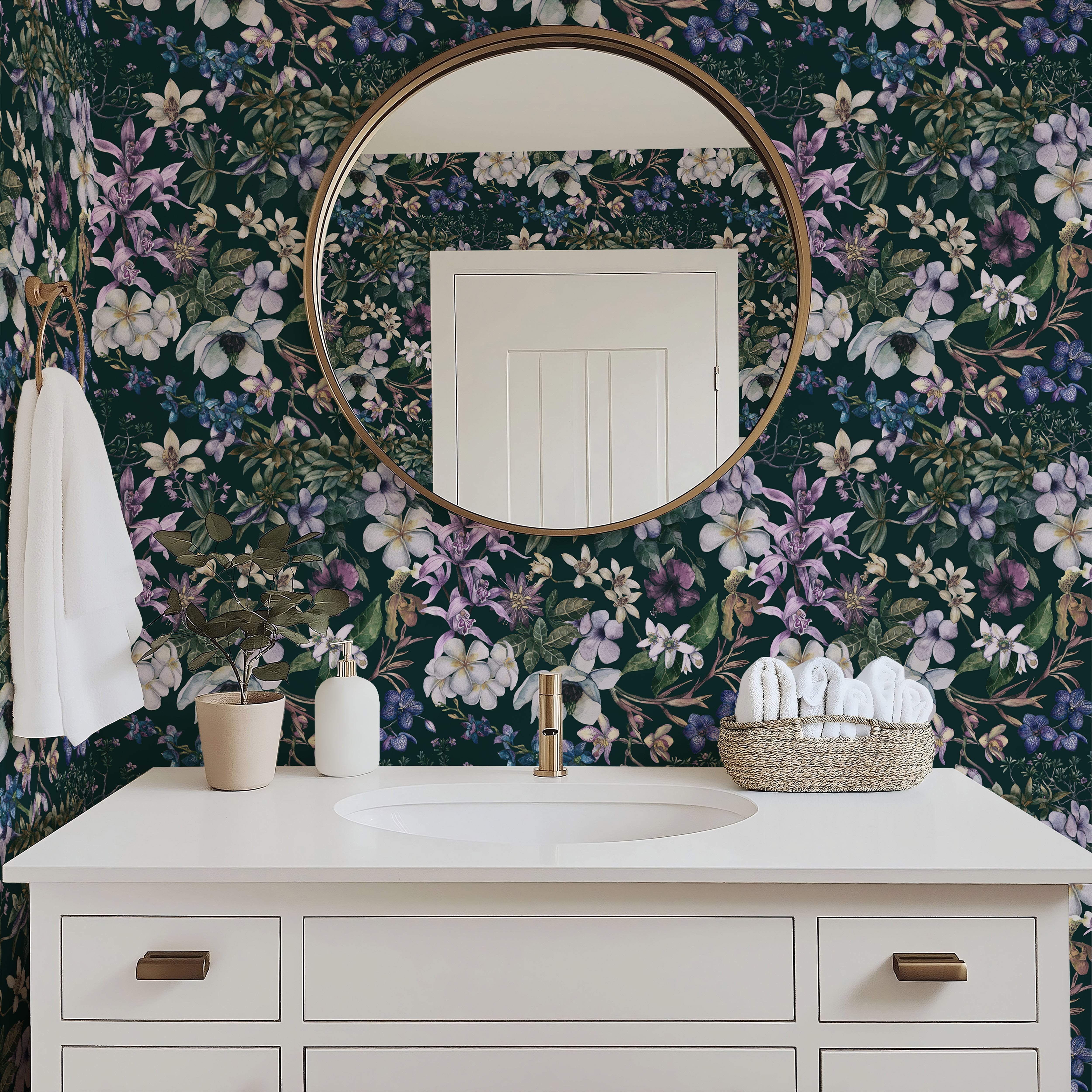 Dark purple and blue floral on black background in modern bathroom interior