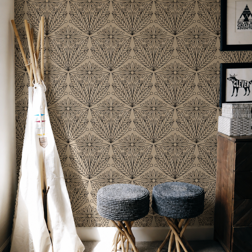 tan neutral tone and abstract symmetry create a warm, inviting atmosphere