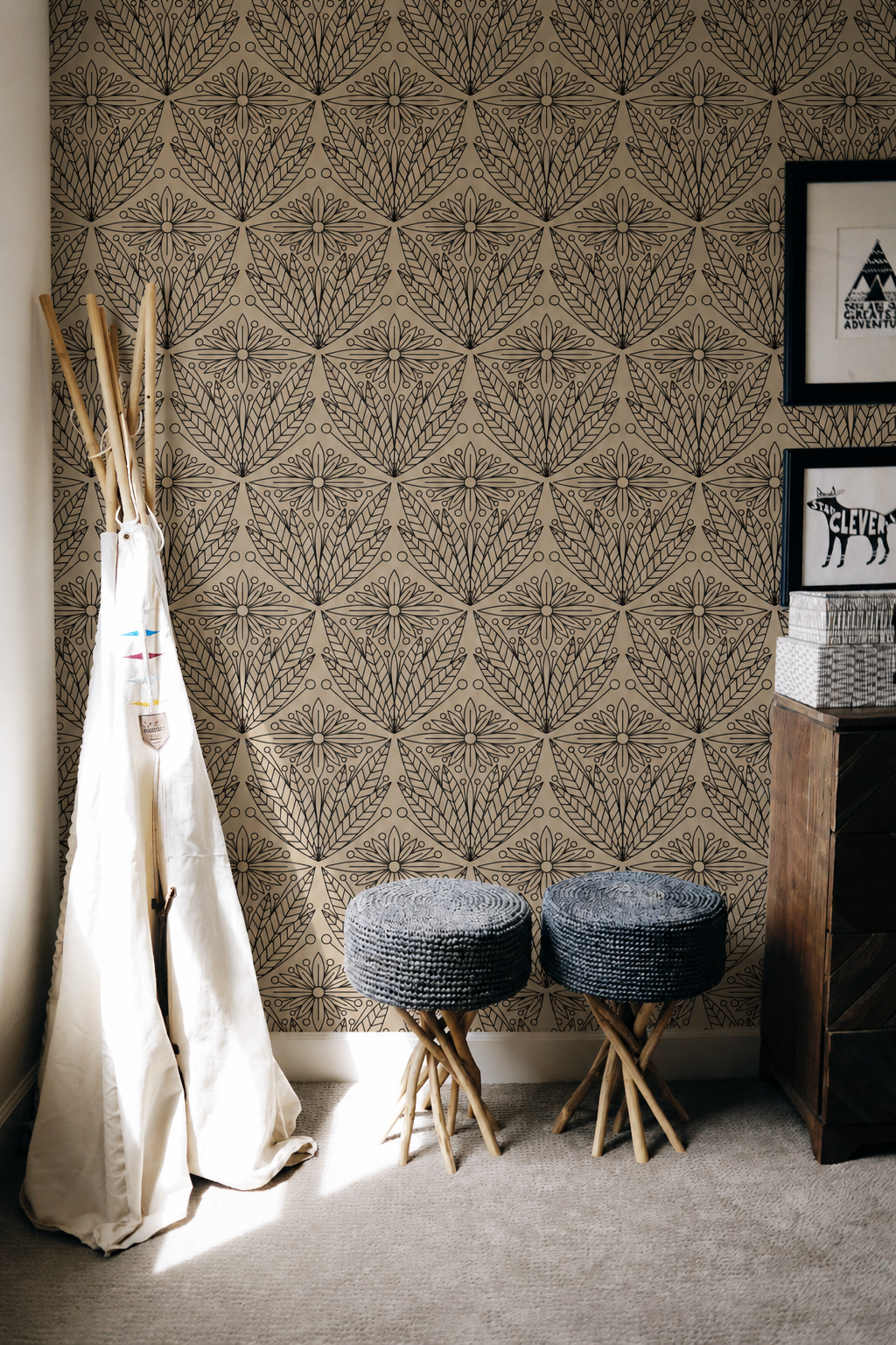 tan neutral tone and abstract symmetry create a warm, inviting atmosphere