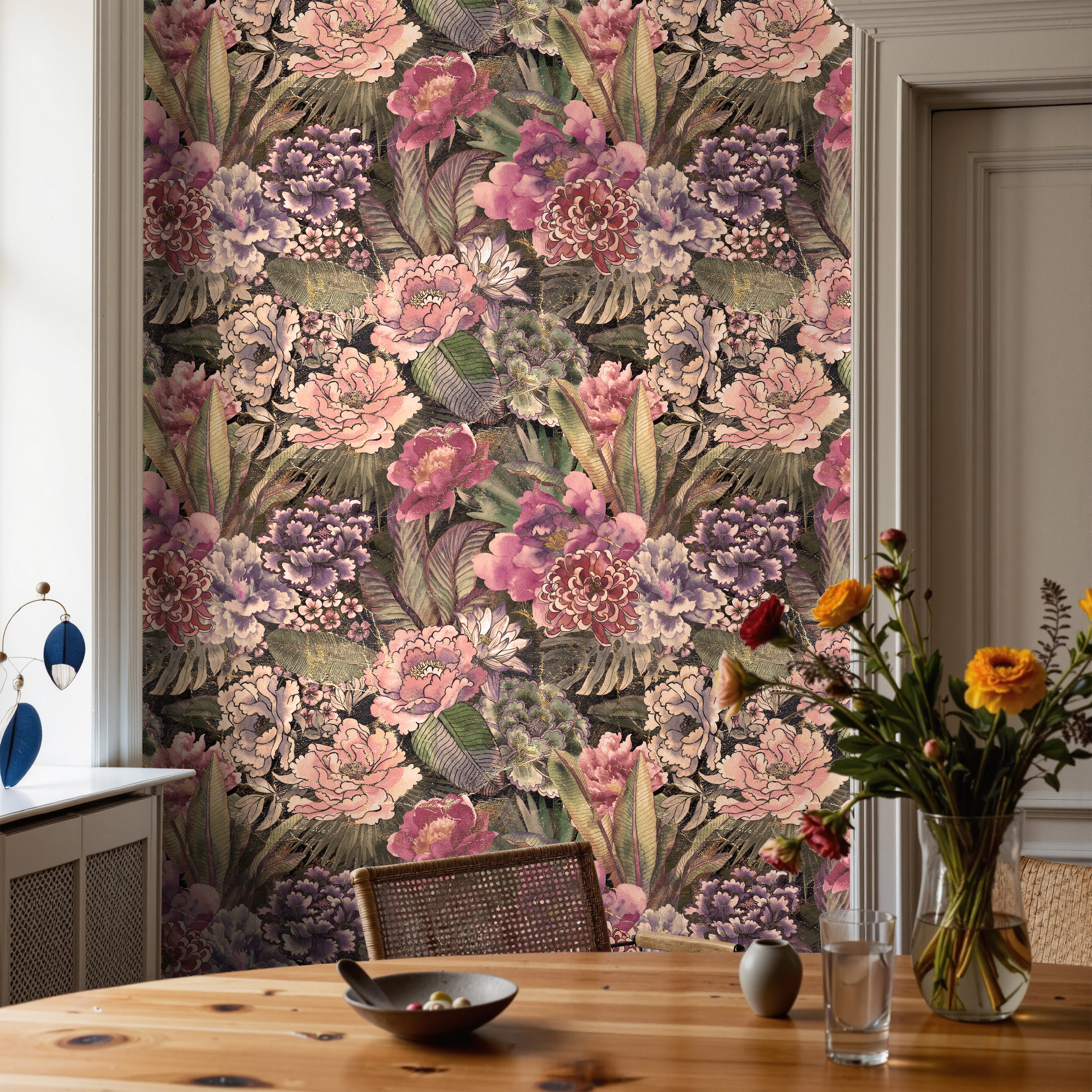 Deep purples and pink florals with watercolor green leaves and gold fleck accents