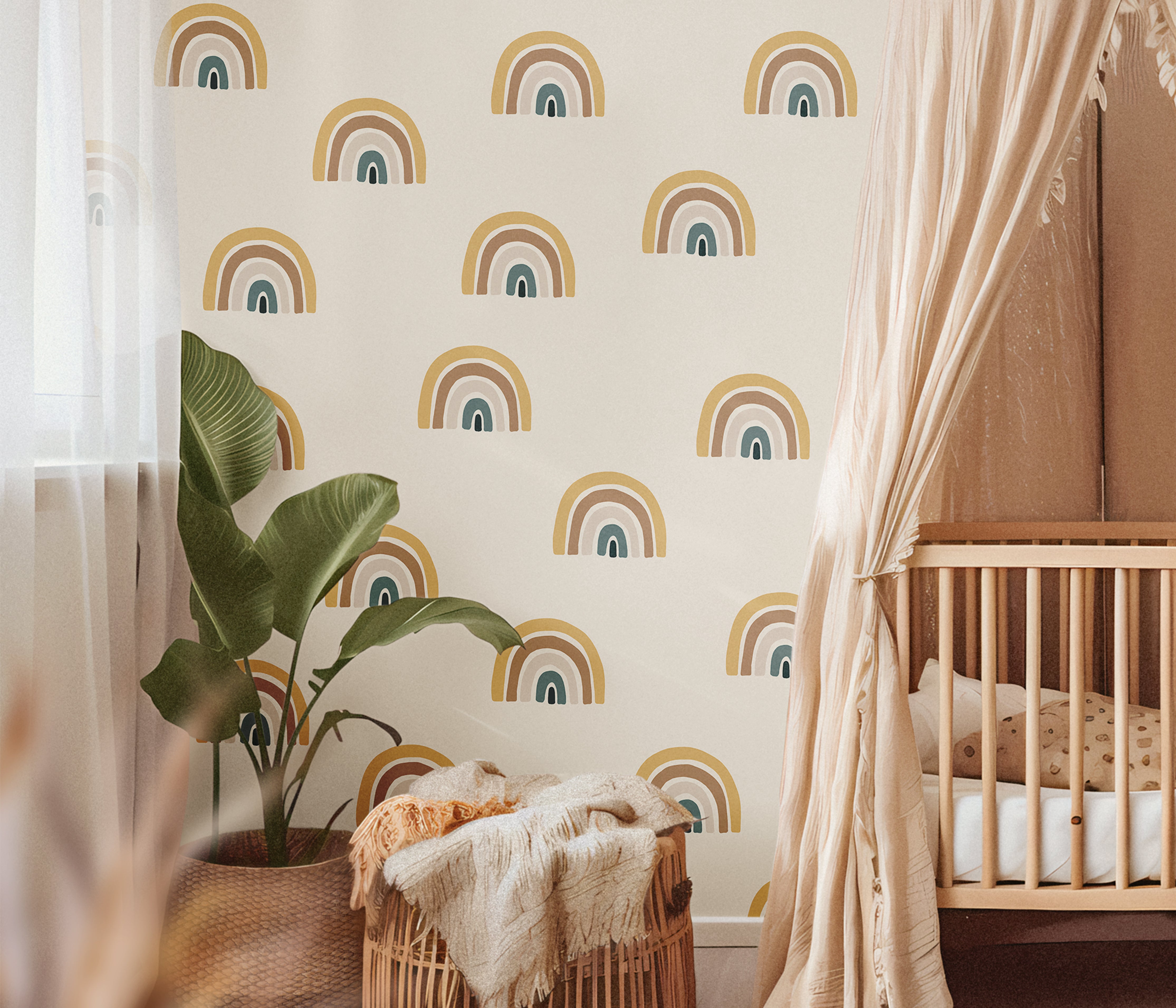 Pastel Boho rainbows on cream background in beige nursery