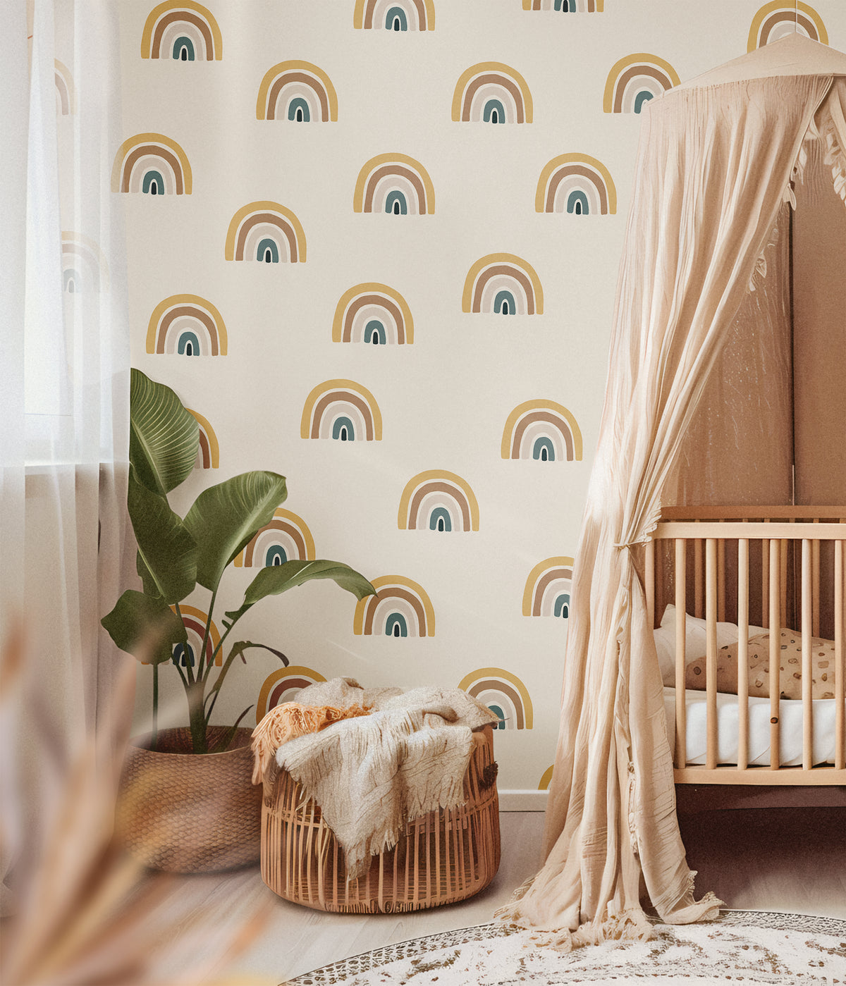 Pastel Boho rainbows on cream background in beige nursery