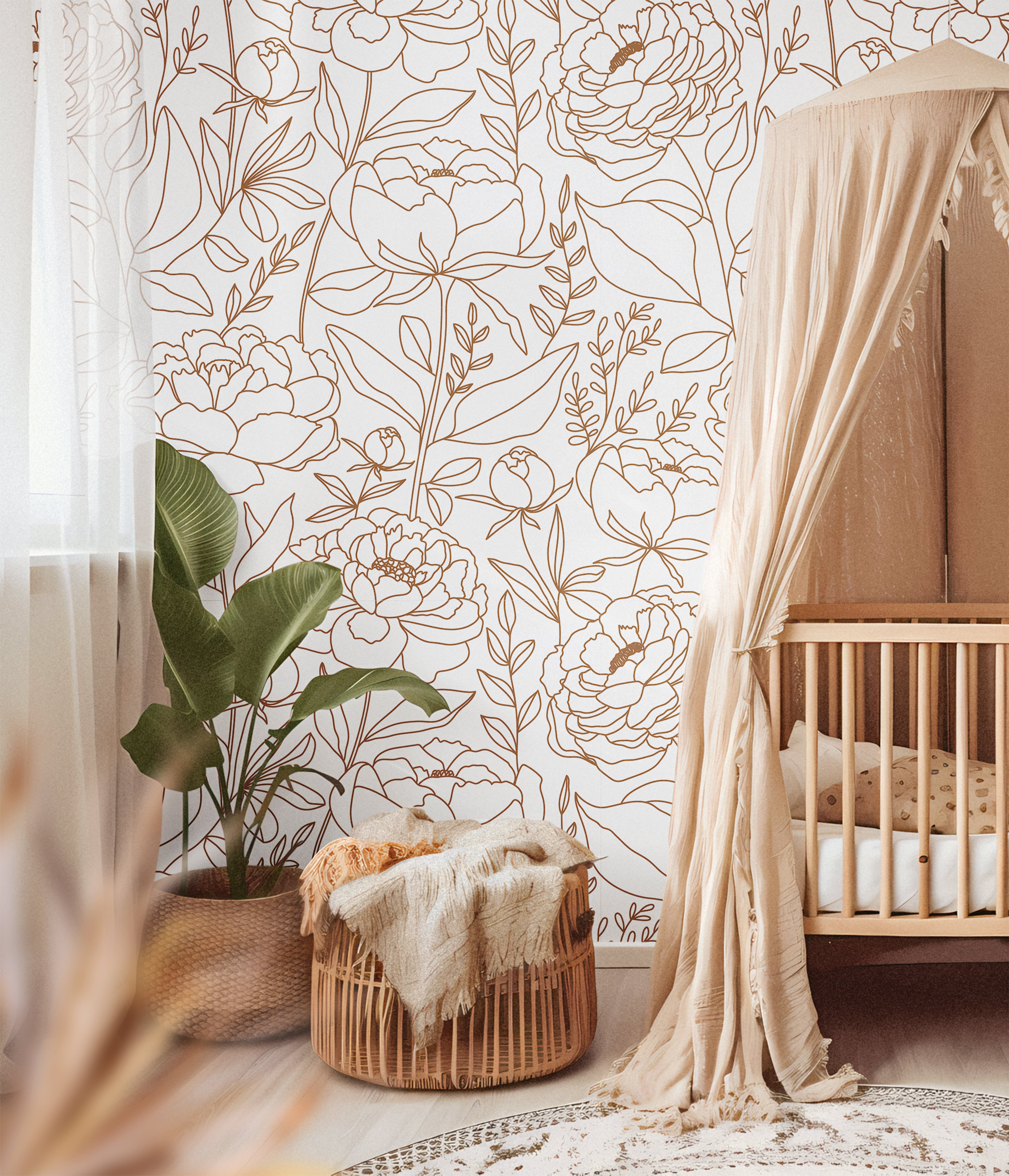 Single line drawn bright botanicals in warm wood themed nursery